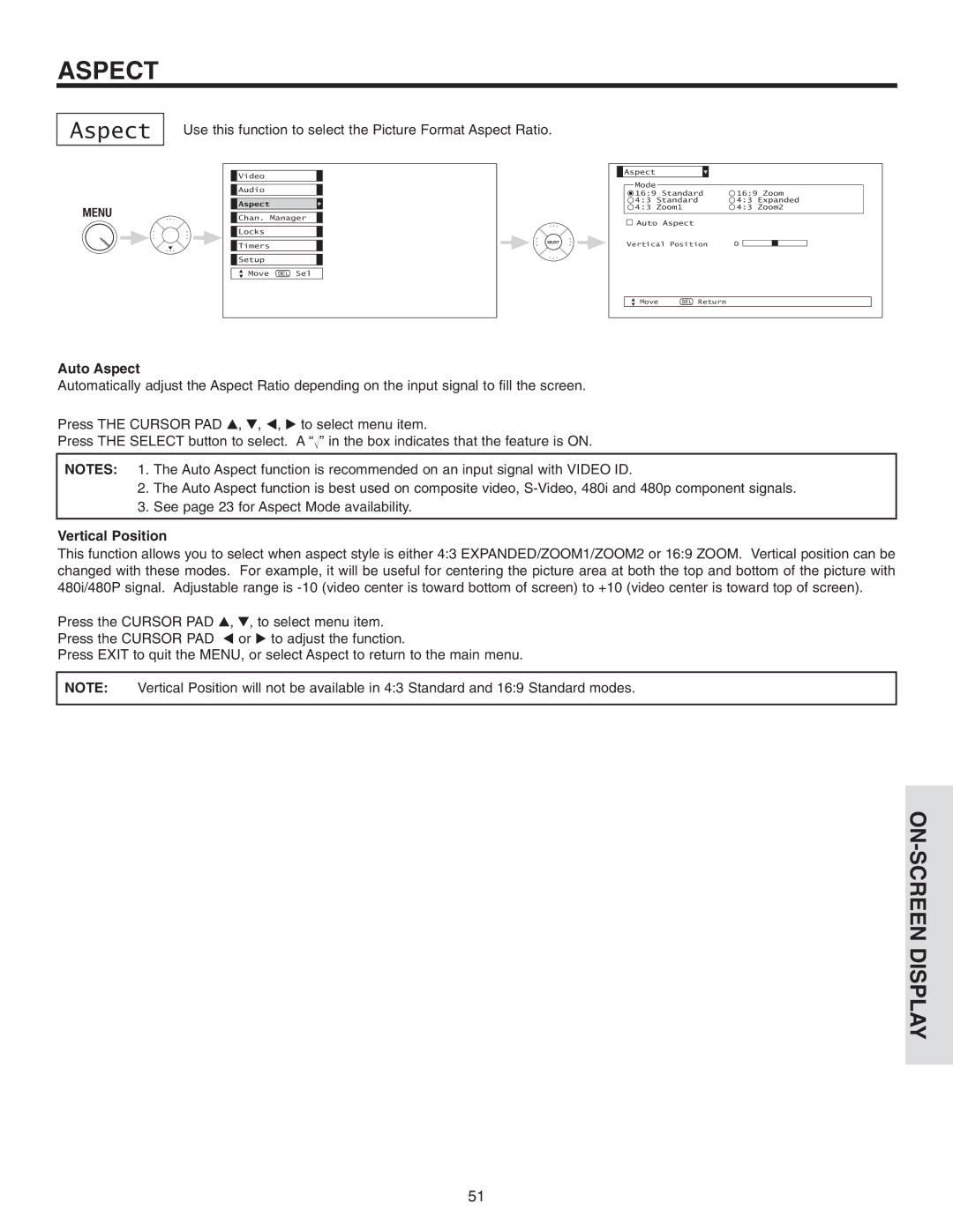 Hitachi 50V710, 50V715, 42V715, 60V715, 42V710 important safety instructions Auto Aspect, Vertical Position 