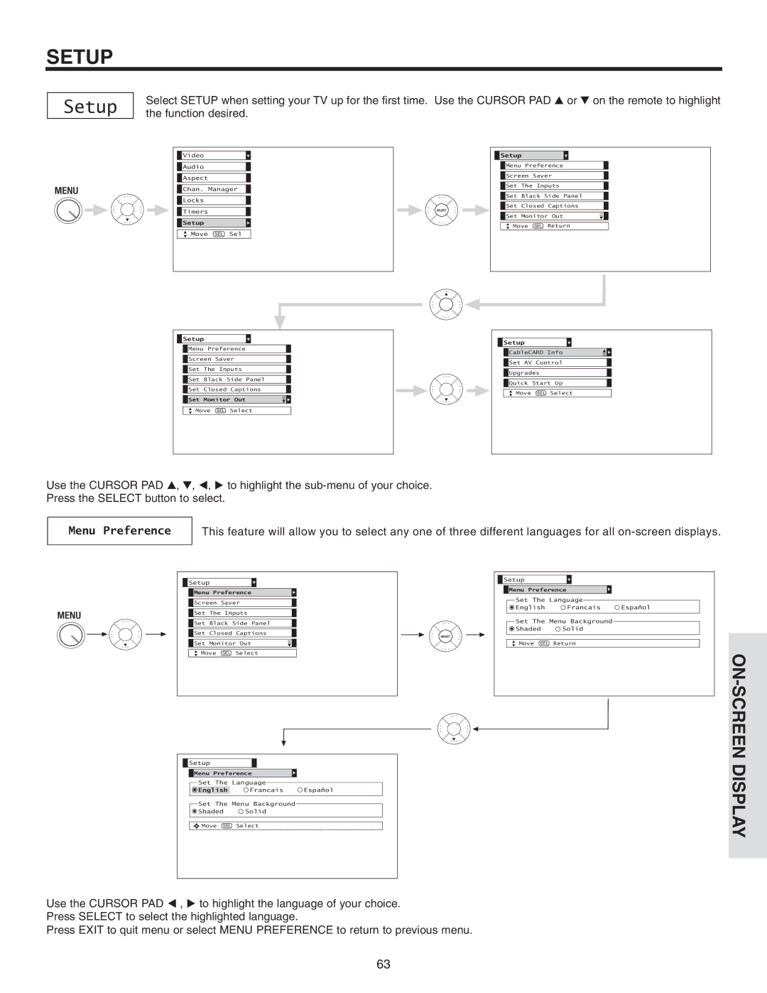 Hitachi 60V715, 50V715, 50V710, 42V715, 42V710 important safety instructions Setup, Menu Preference 