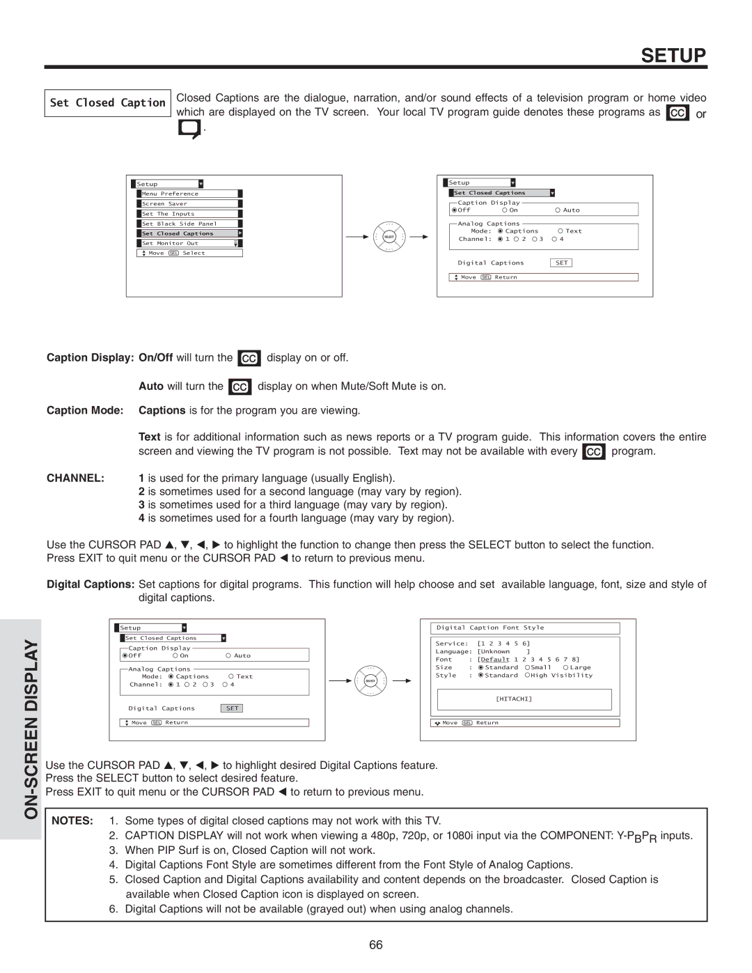 Hitachi 50V710, 50V715, 42V715, 60V715, 42V710 important safety instructions Set Closed Caption, Caption Mode, Channel 