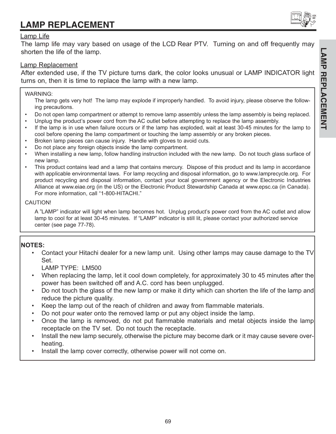 Hitachi 42V710, 50V715, 50V710, 42V715, 60V715 important safety instructions Lamp Replacement, Lamp Type LM500 