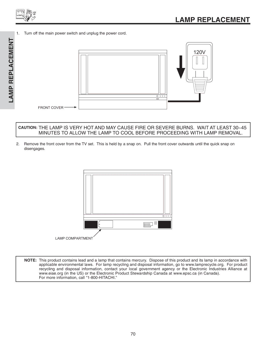 Hitachi 50V715, 50V710, 42V715, 60V715, 42V710 important safety instructions 120V 