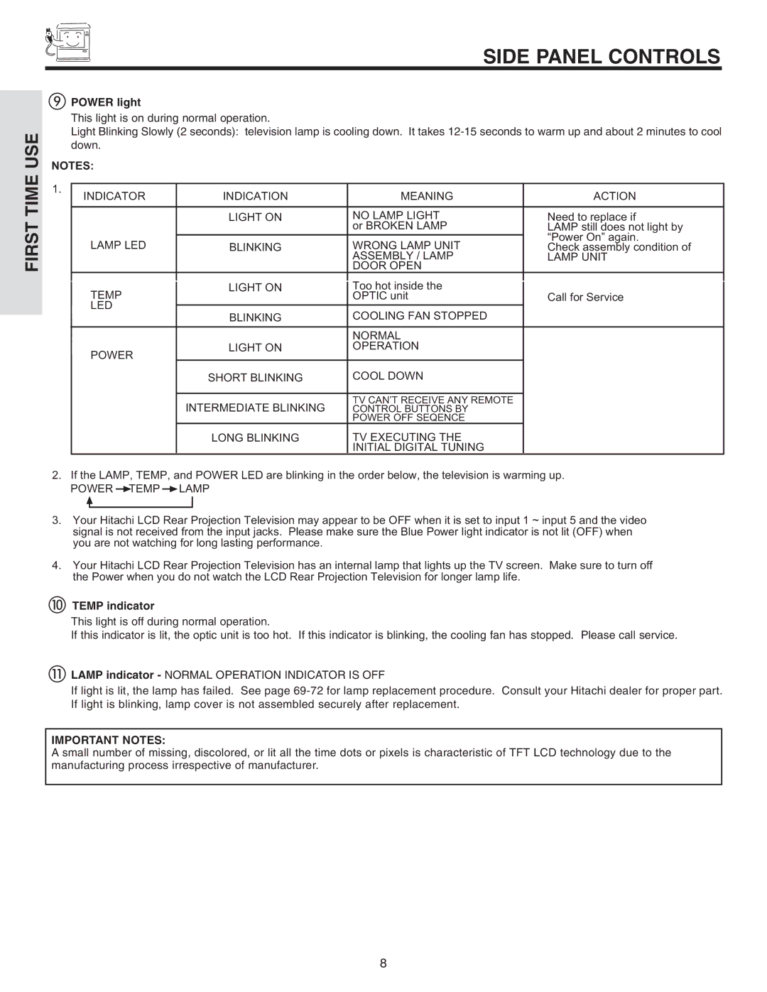 Hitachi 60V715, 50V715, 50V710, 42V715, 42V710 important safety instructions Power light, Temp indicator 