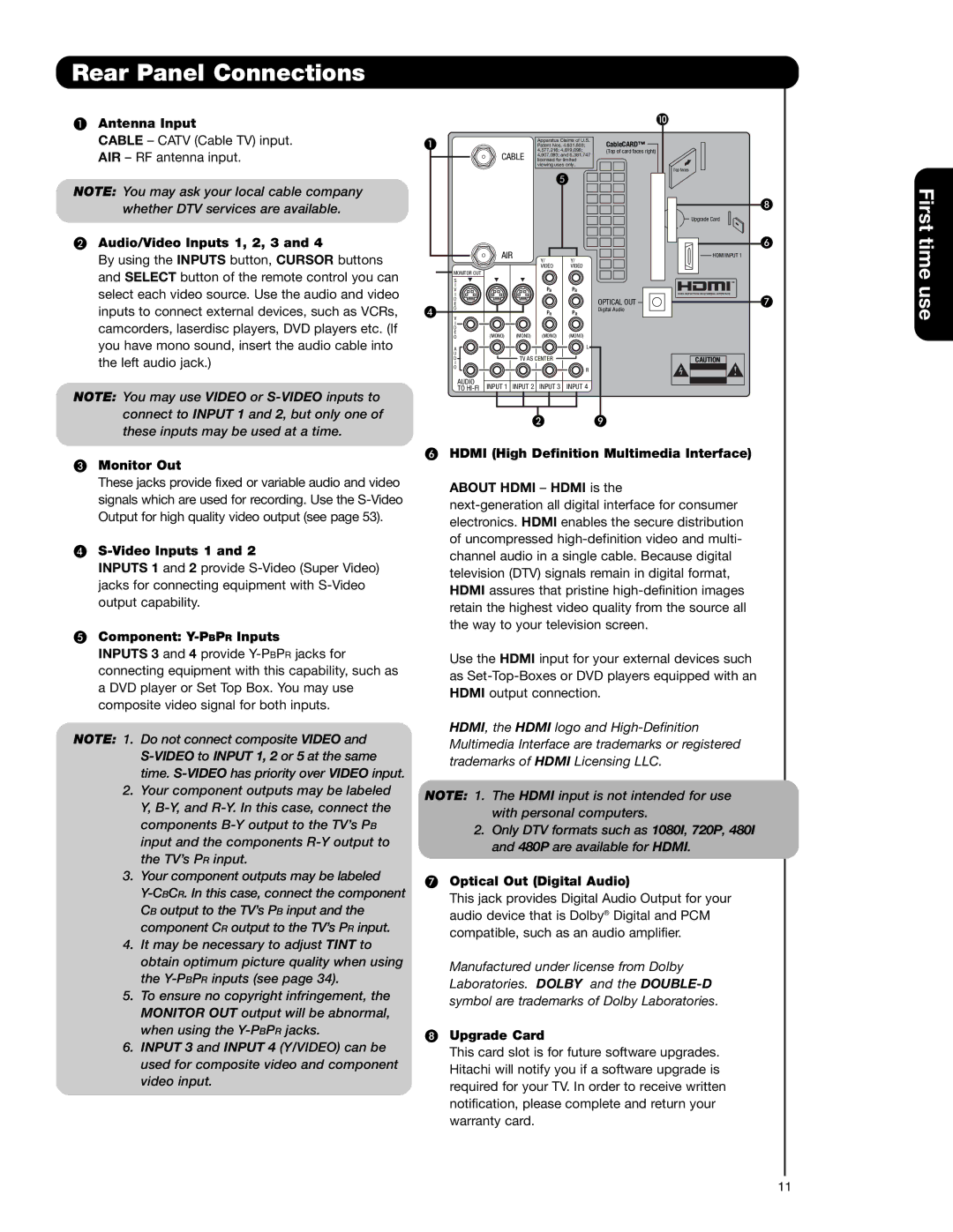 Hitachi 50V720 important safety instructions Rear Panel Connections 