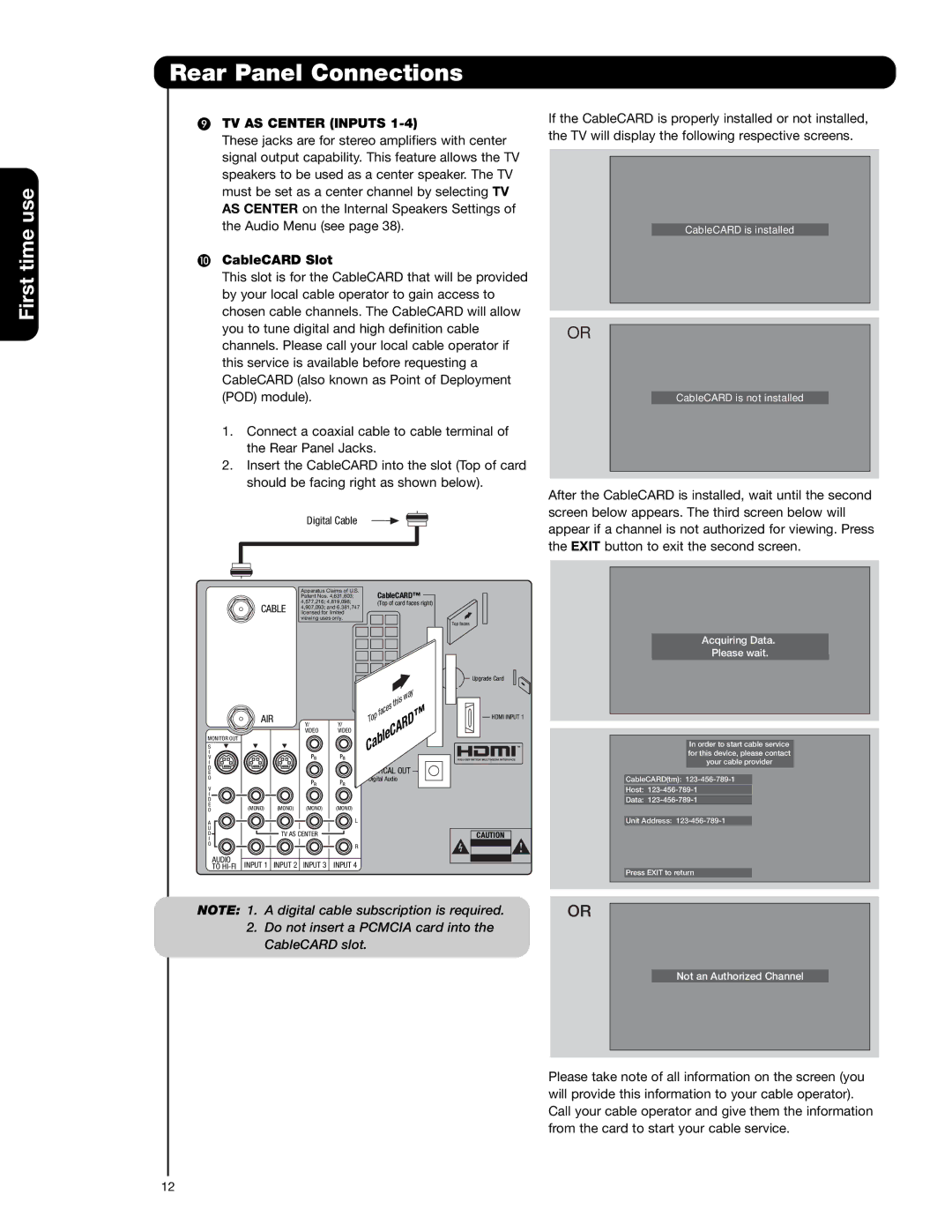 Hitachi 50V720 important safety instructions TV AS Center Inputs, CableCARD Slot 