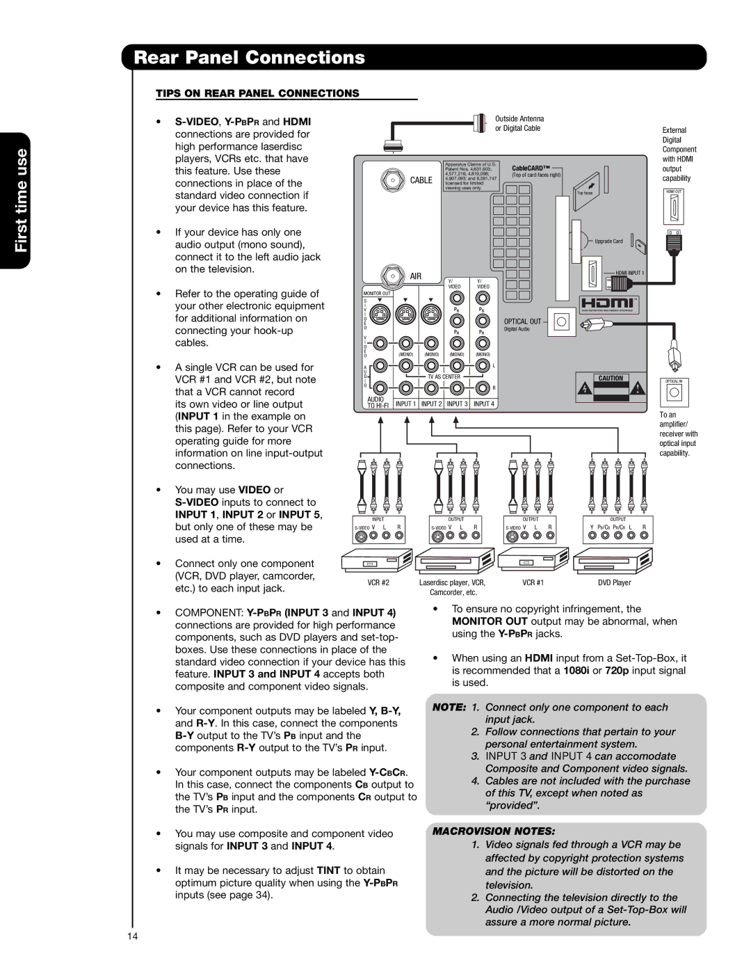 Hitachi 50V720 important safety instructions Tips on Rear Panel Connections, VIDEO,Y-PBPRand Hdmi 