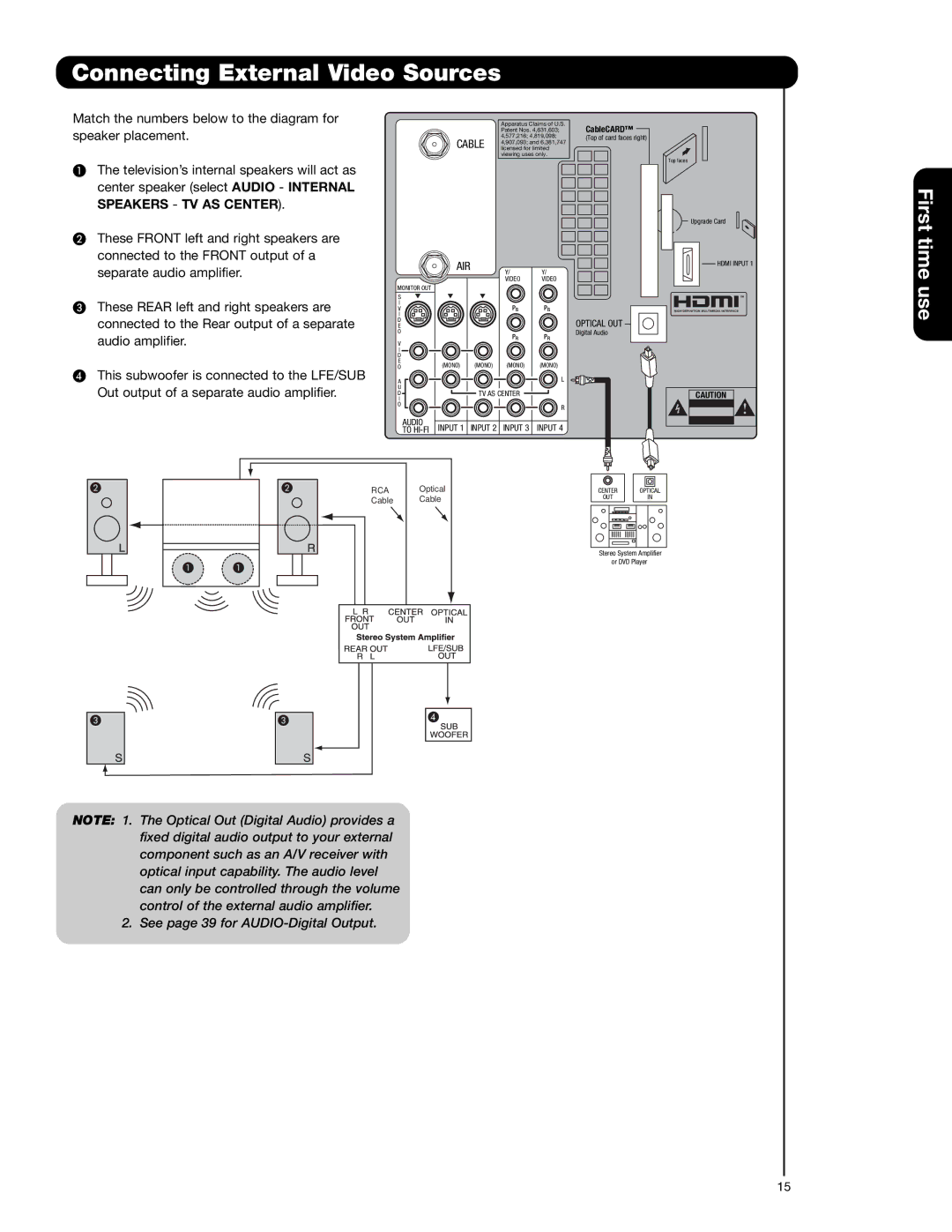 Hitachi 50V720 important safety instructions Connecting External Video Sources, Speaker placement 