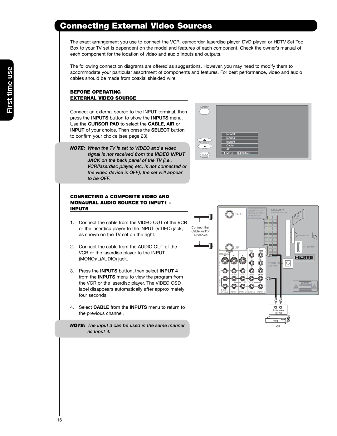 Hitachi 50V720 important safety instructions First, Before Operating External Video Source 