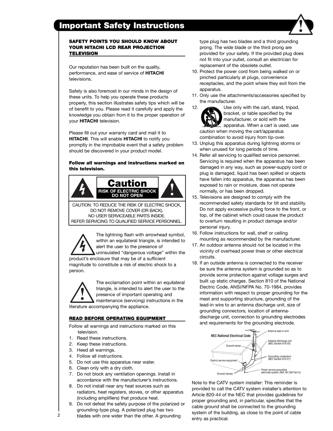 Hitachi 50V720 important safety instructions Important Safety Instructions, Read Before Operating Equipment 