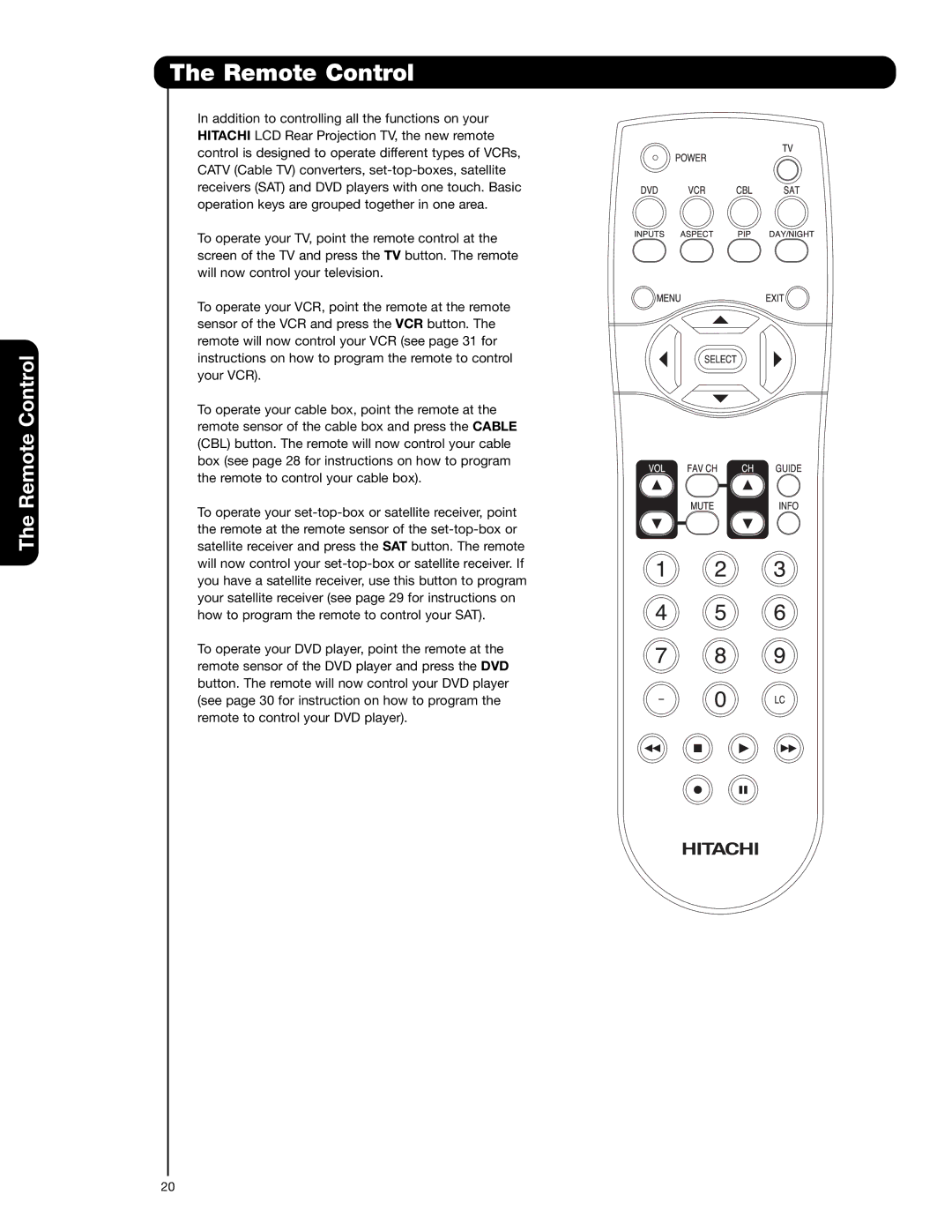 Hitachi 50V720 important safety instructions Remote Control 