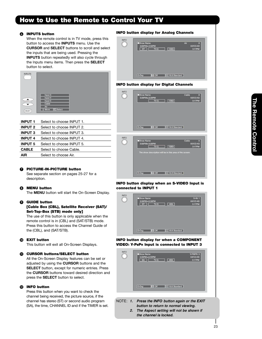 Hitachi 50V720 Inputs button, PICTURE-IN-PICTURE button, Menu button, Exit button, Cursor buttons/SELECT button 