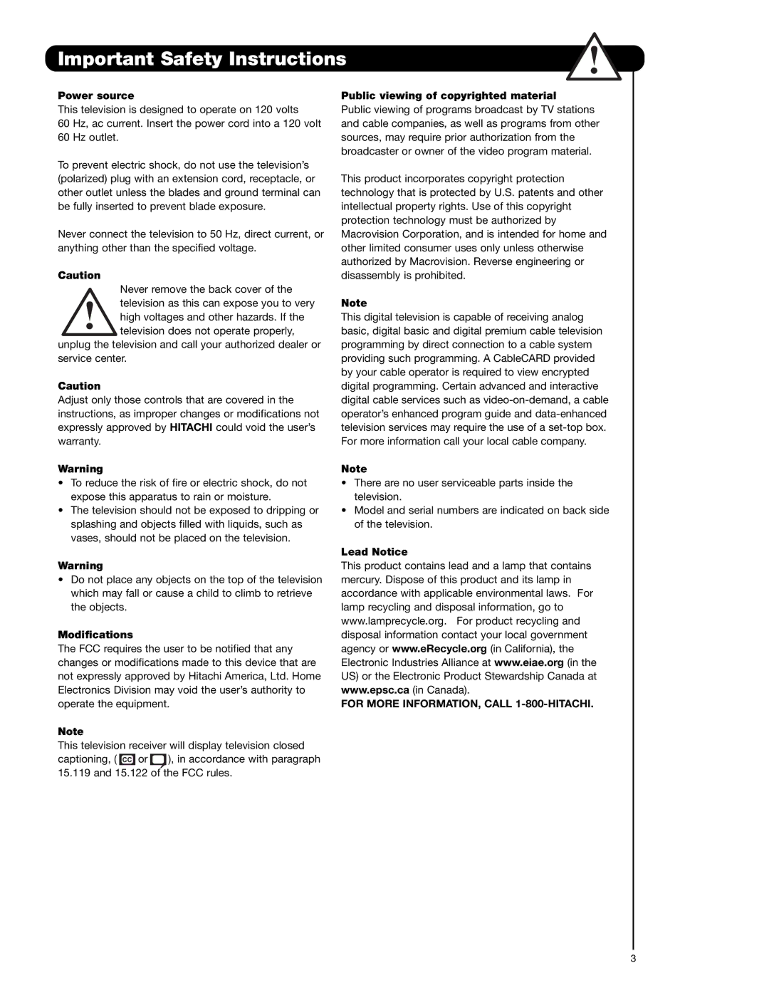 Hitachi 50V720 Power source, Modifications, Public viewing of copyrighted material, Lead Notice 