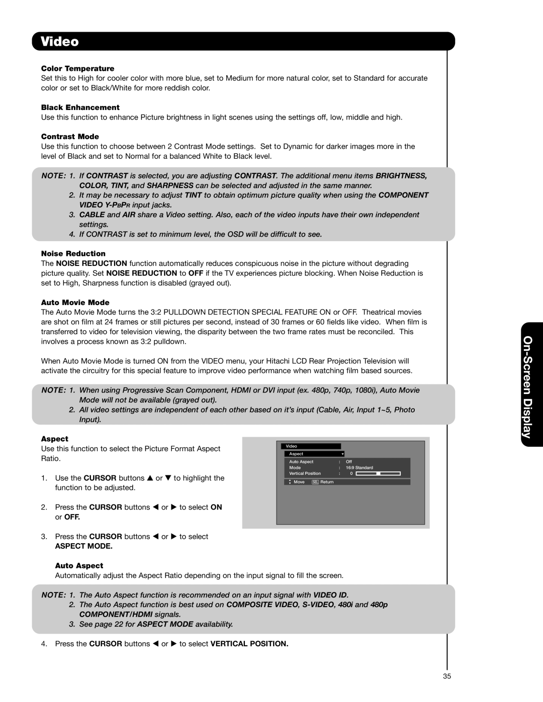 Hitachi 50V720 important safety instructions Aspect Mode 