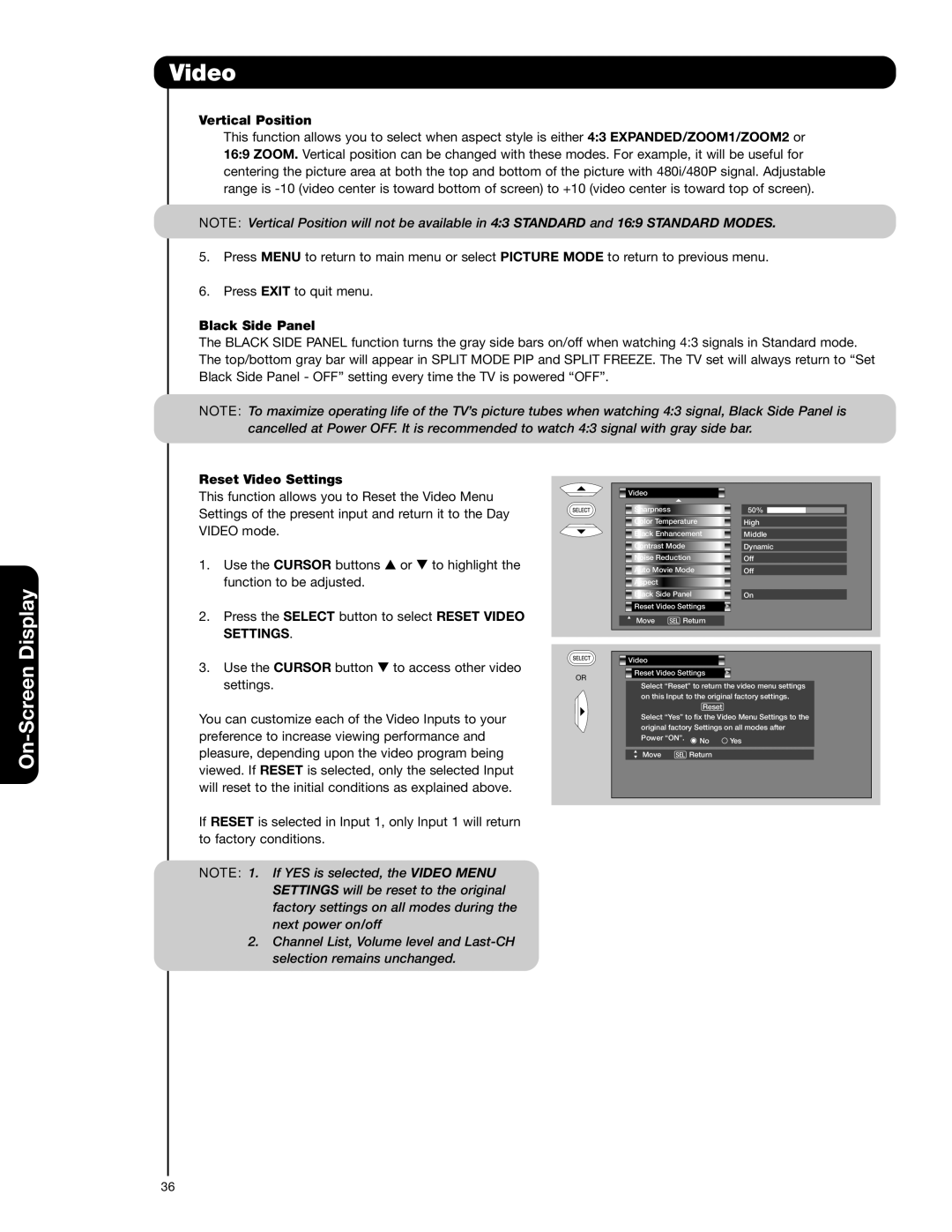 Hitachi 50V720 important safety instructions Vertical Position, Black Side Panel, Reset Video Settings 