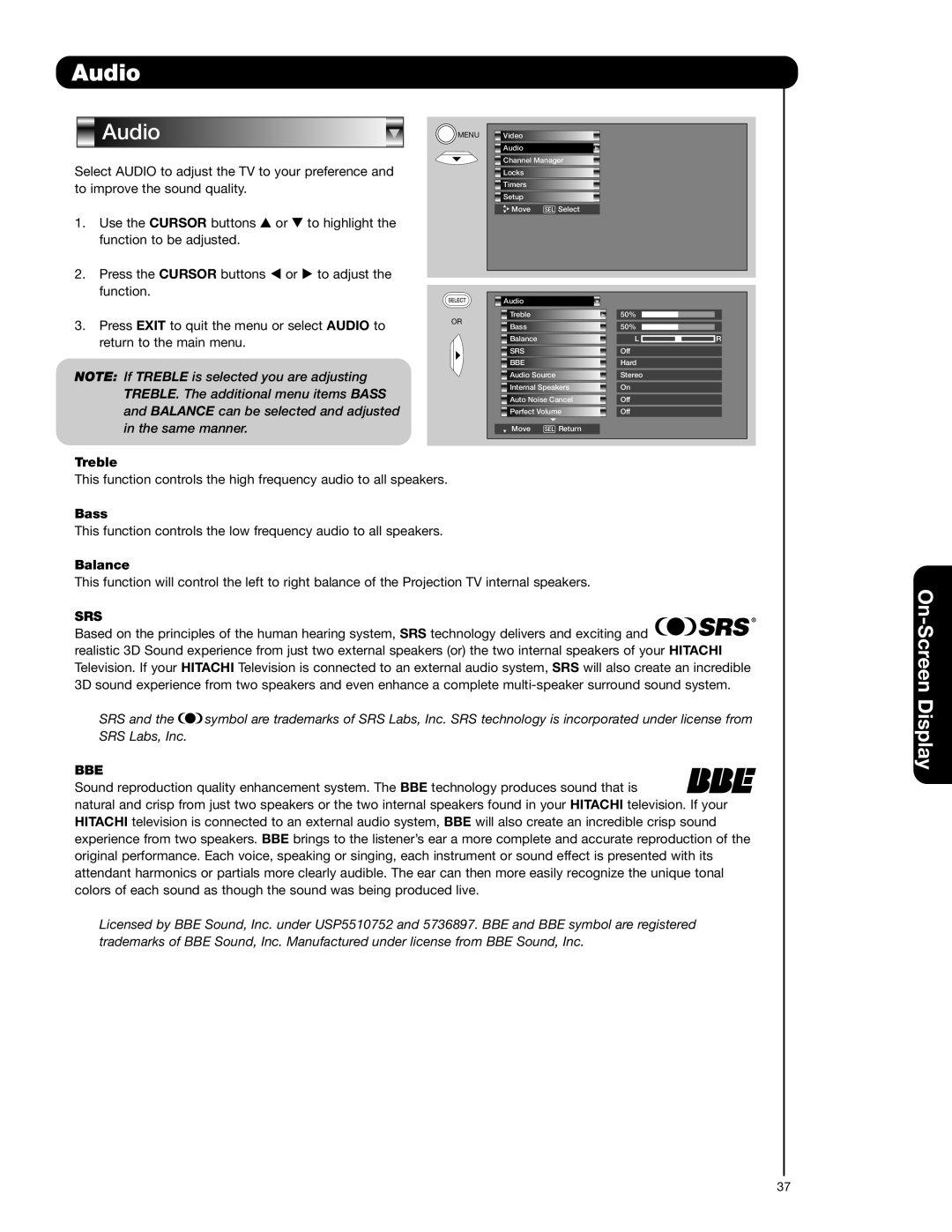 Hitachi 50V720 important safety instructions Audio, Srs, Bbe 