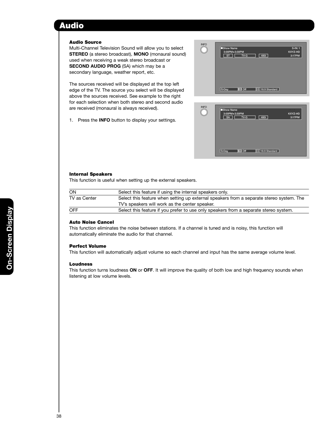 Hitachi 50V720 important safety instructions Audio Source, Internal Speakers, Auto Noise Cancel, Perfect Volume, Loudness 