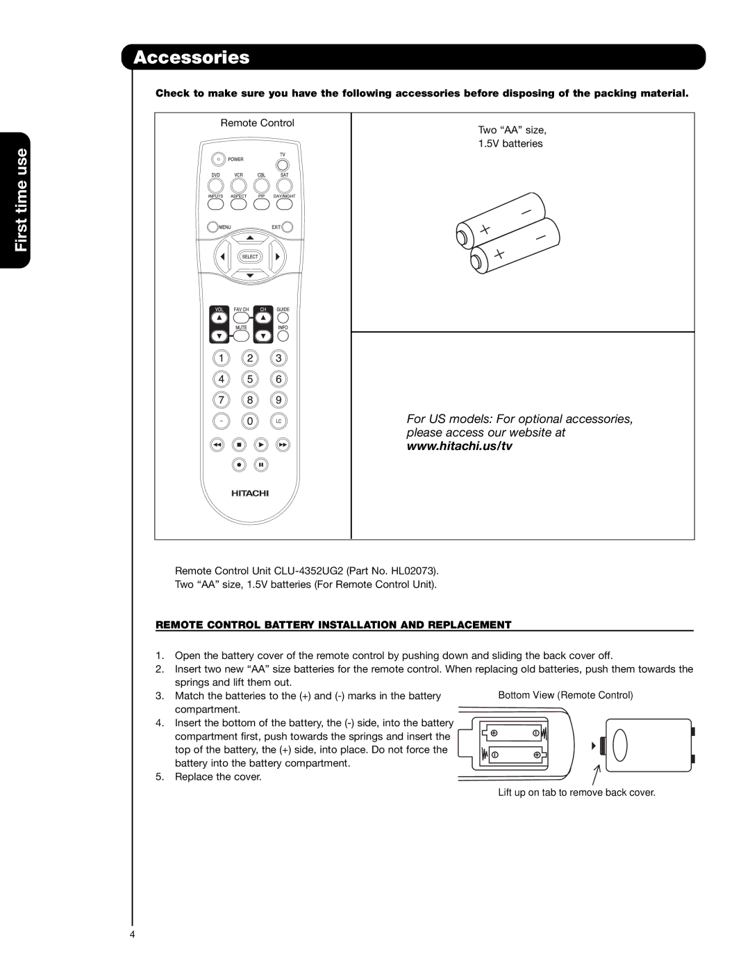 Hitachi 50V720 important safety instructions Accessories, Remote Control Battery Installation and Replacement 