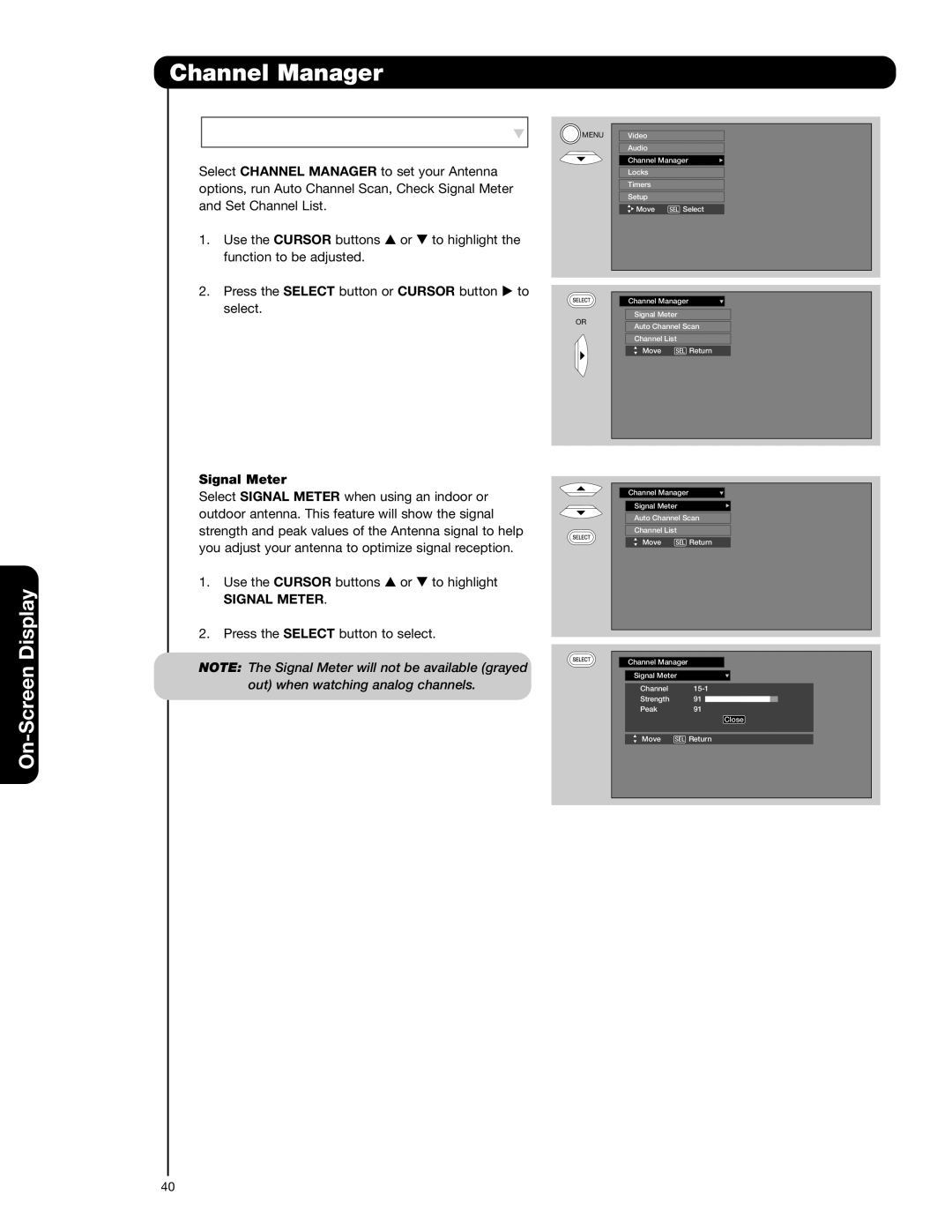 Hitachi 50V720 important safety instructions Channel Manager, Signal Meter 