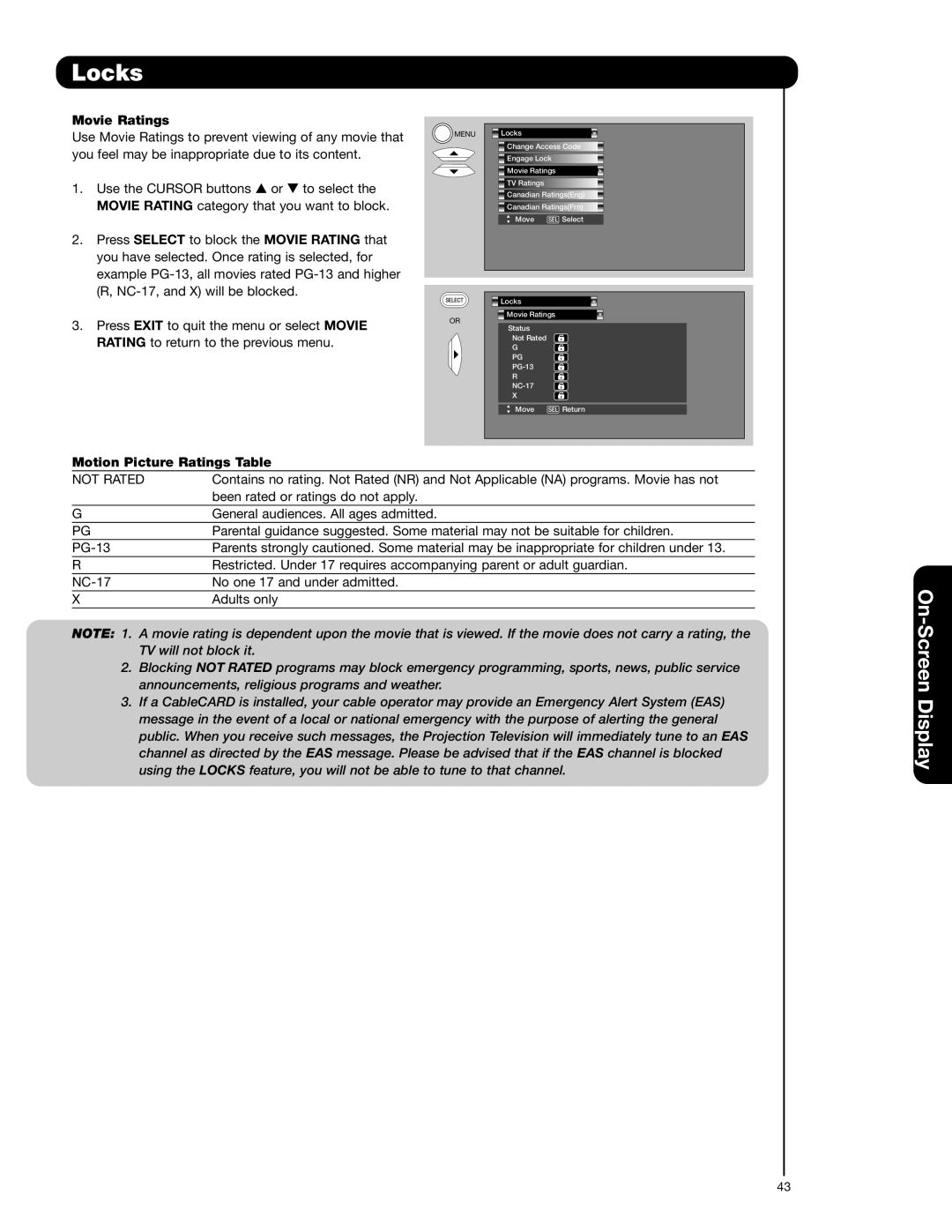 Hitachi 50V720 important safety instructions Movie Ratings, Motion Picture Ratings Table, Not Rated 