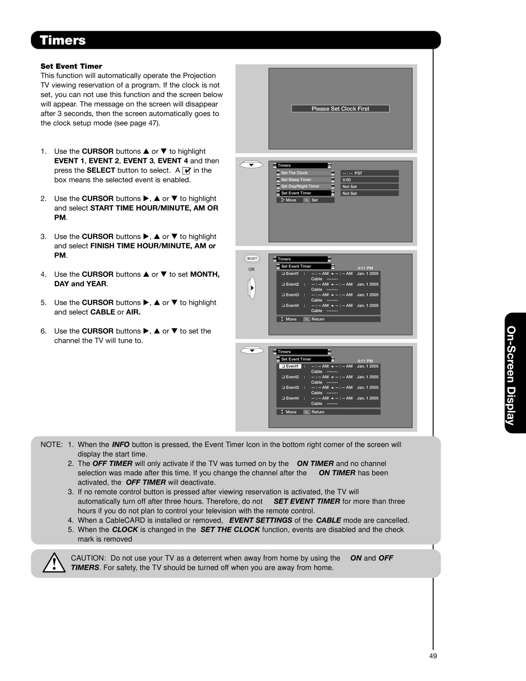 Hitachi 50V720 Set Event Timer, Event 1 , Event 2 , Event 3 , Event 4 and then, Select Start Time HOUR/MINUTE, AM or 