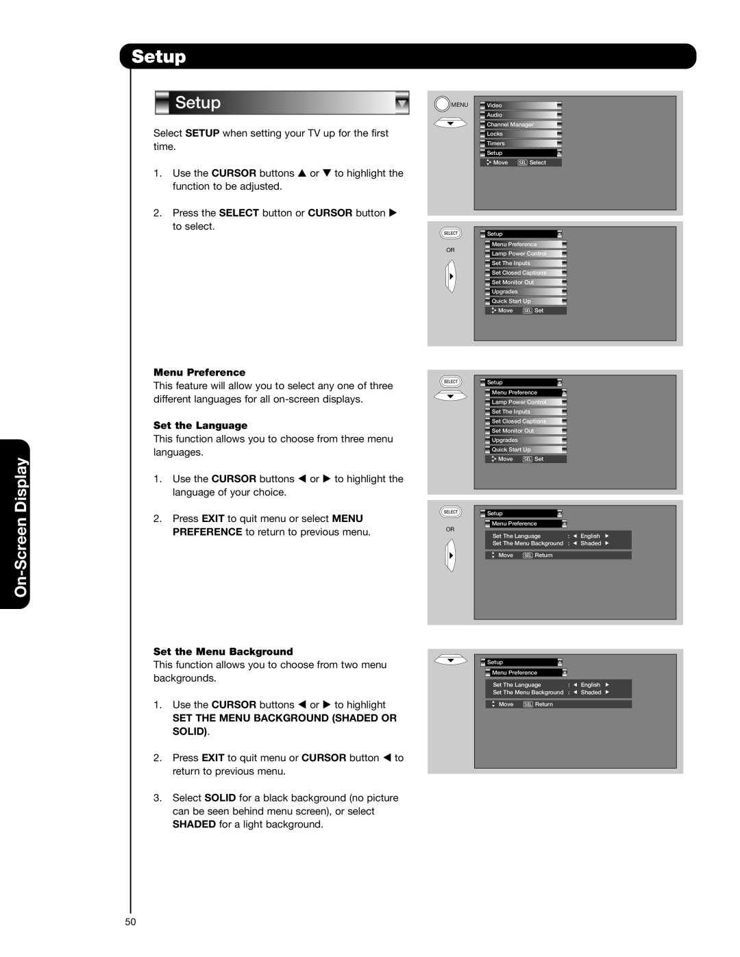 Hitachi 50V720 important safety instructions Setup, SET the Menu Background Shaded or, Solid 