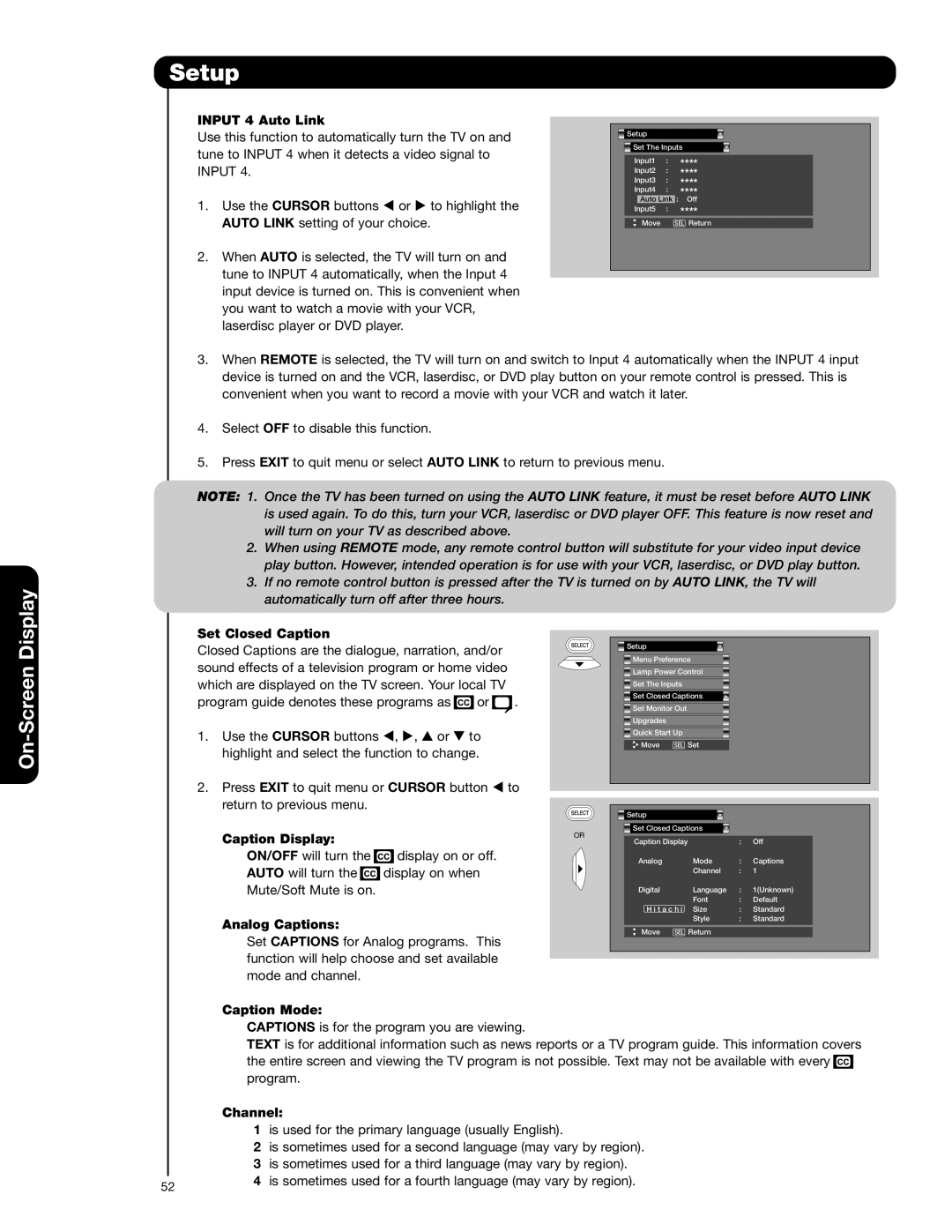 Hitachi 50V720 Input 4 Auto Link, Set Closed Caption, Caption Display, Analog Captions, Caption Mode, Channel 