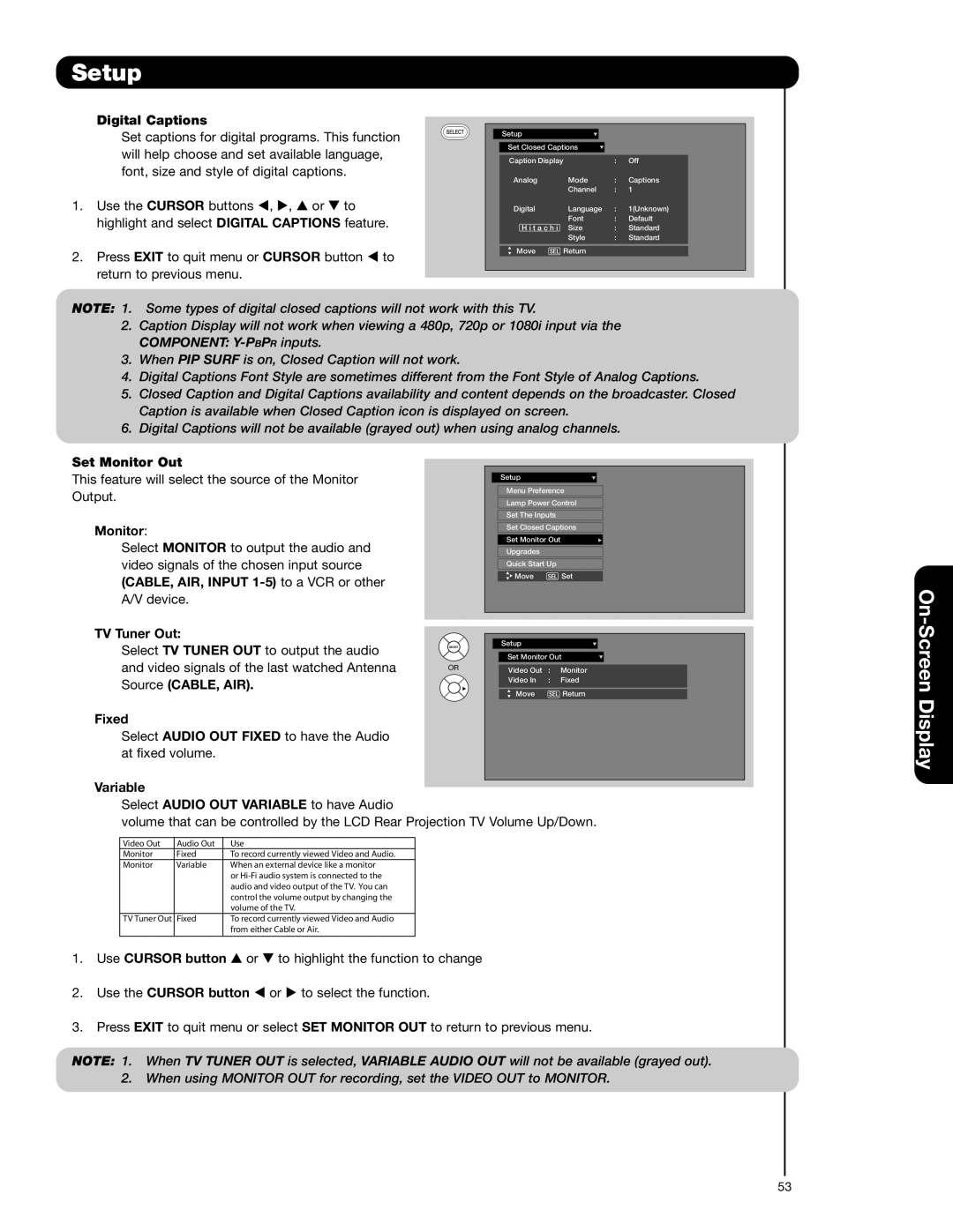 Hitachi 50V720 Digital Captions, Set Monitor Out, TV Tuner Out, Fixed, Variable, Use Cursor button 