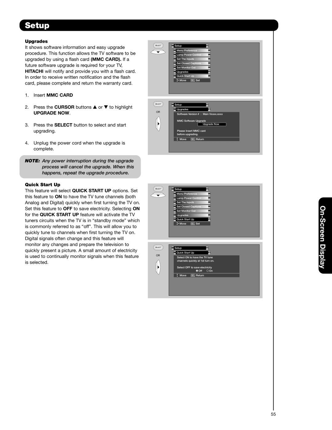 Hitachi 50V720 important safety instructions Upgrades, Insert MMC Card, Upgrade NOW, Quick Start Up 