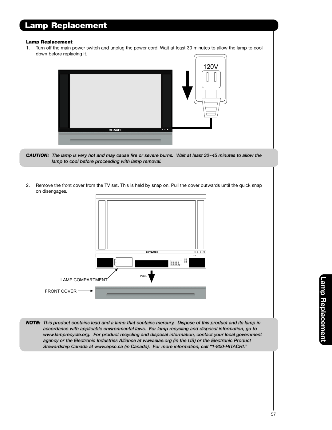 Hitachi 50V720 important safety instructions 120V, Lamp Compartment Front Cover 