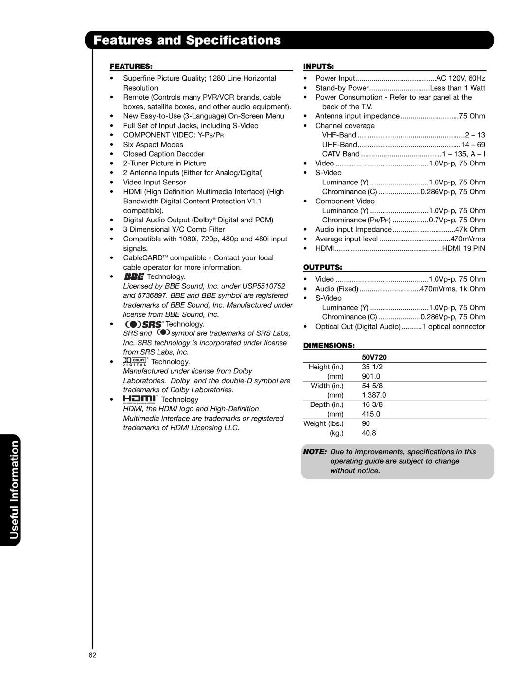 Hitachi 50V720 important safety instructions Features and Specifications, Inputs, Outputs, Dimensions 