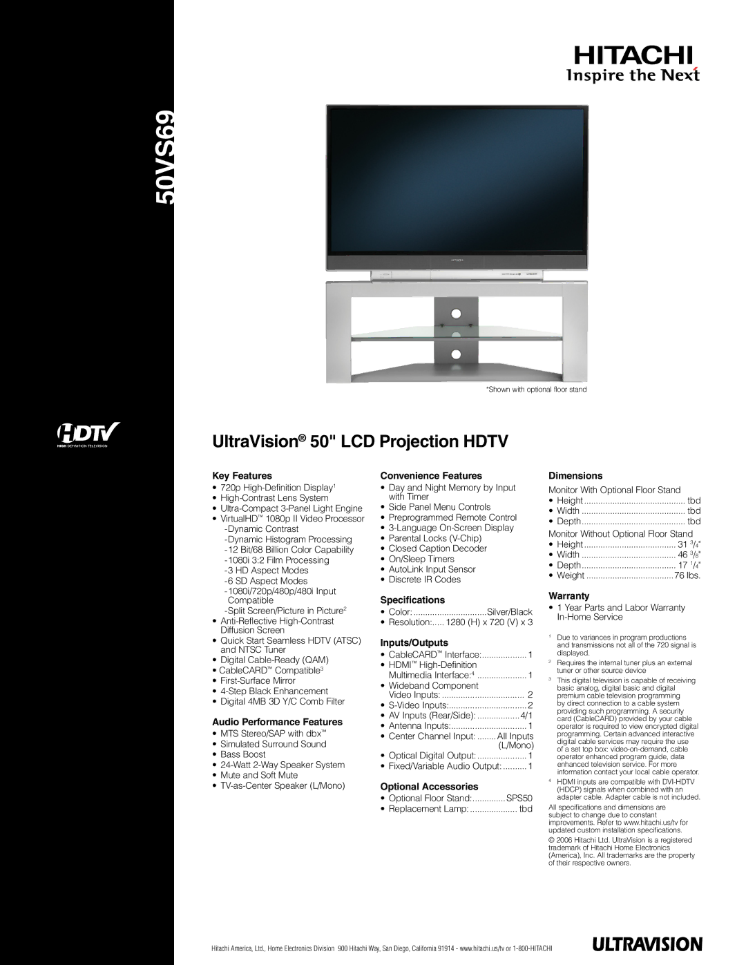 Hitachi 50VS69 specifications UltraVision 50 LCD Projection Hdtv 