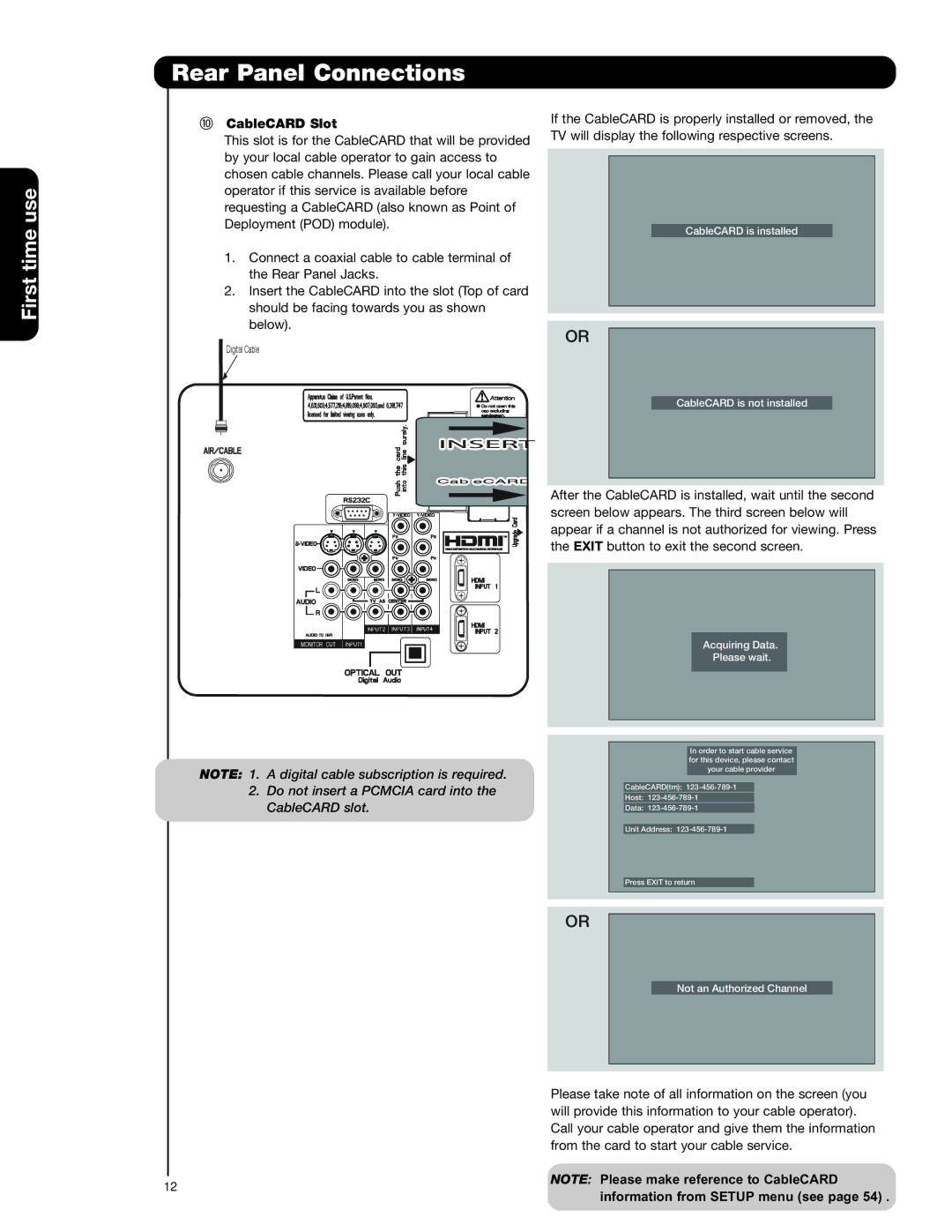 Hitachi 50VS69A, 55VS69A, 62VS69A important safety instructions CableCARD Slot, Information from Setup menu see 