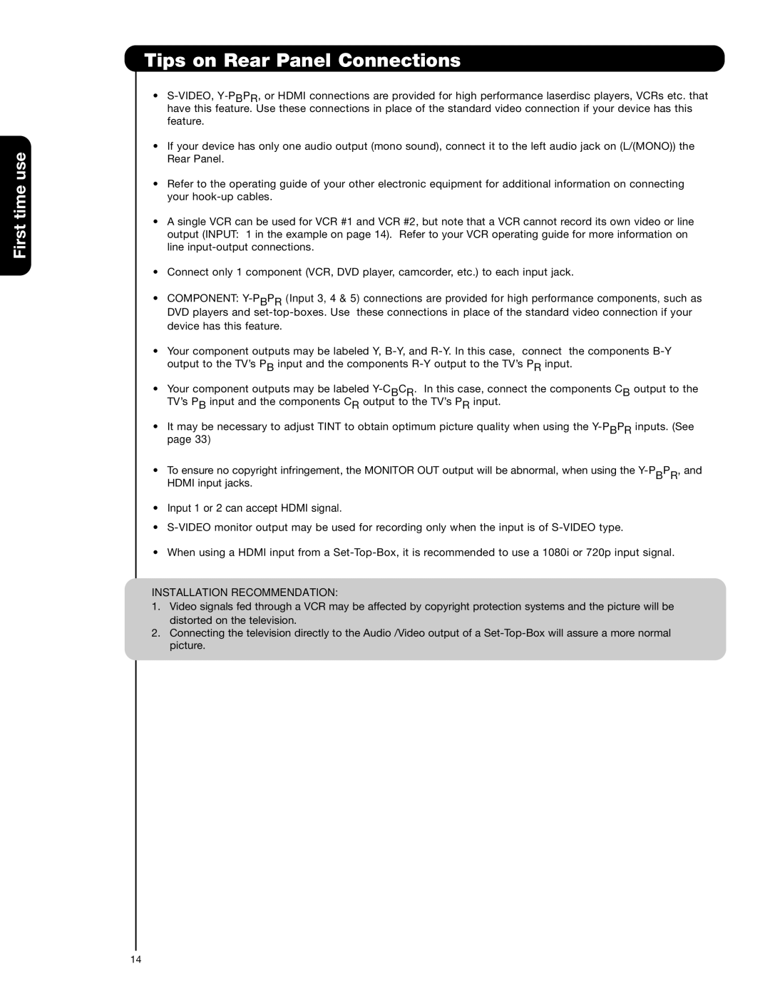 Hitachi 62VS69A, 50VS69A, 55VS69A important safety instructions Tips on Rear Panel Connections, Installation Recommendation 