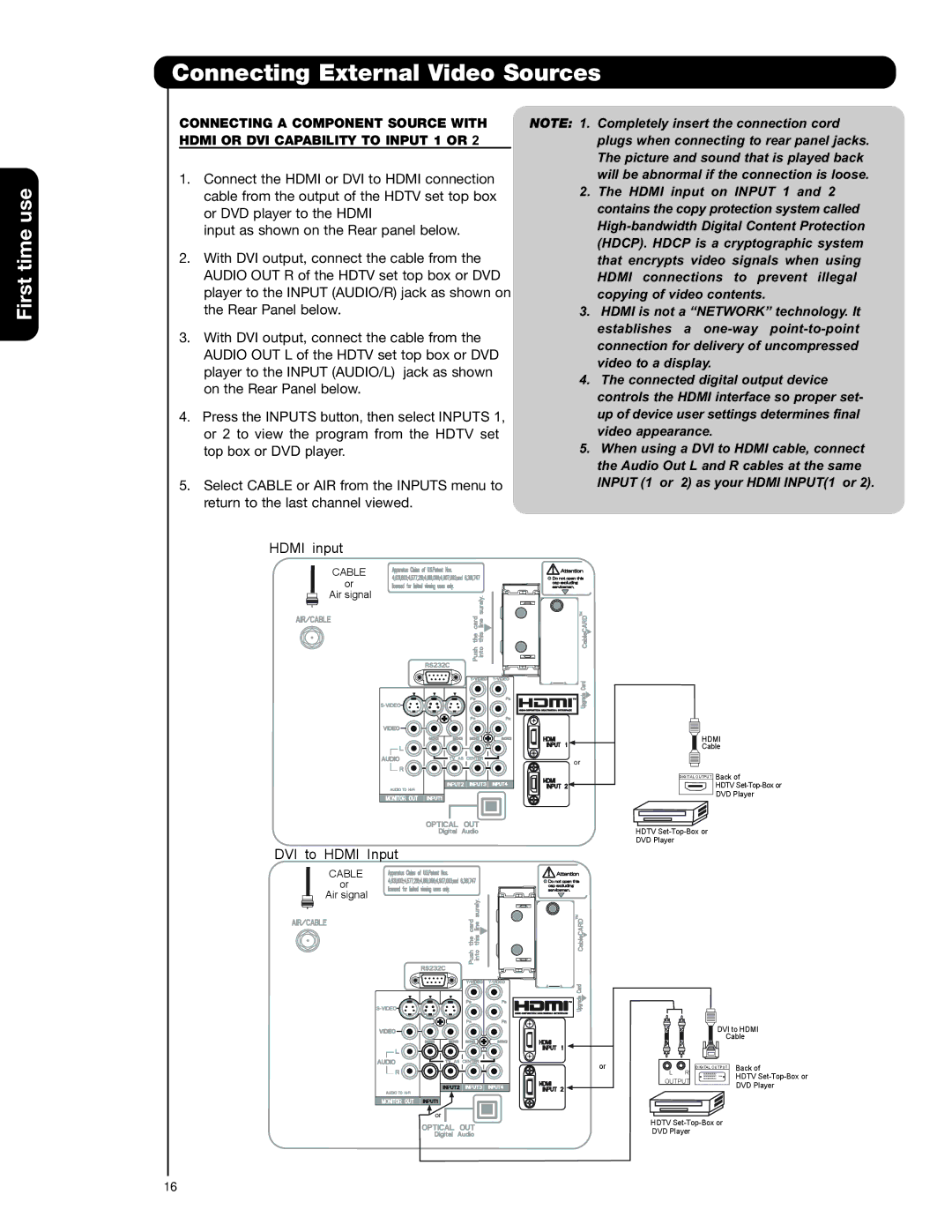 Hitachi 55VS69A, 50VS69A, 62VS69A important safety instructions DVI to Hdmi Input 