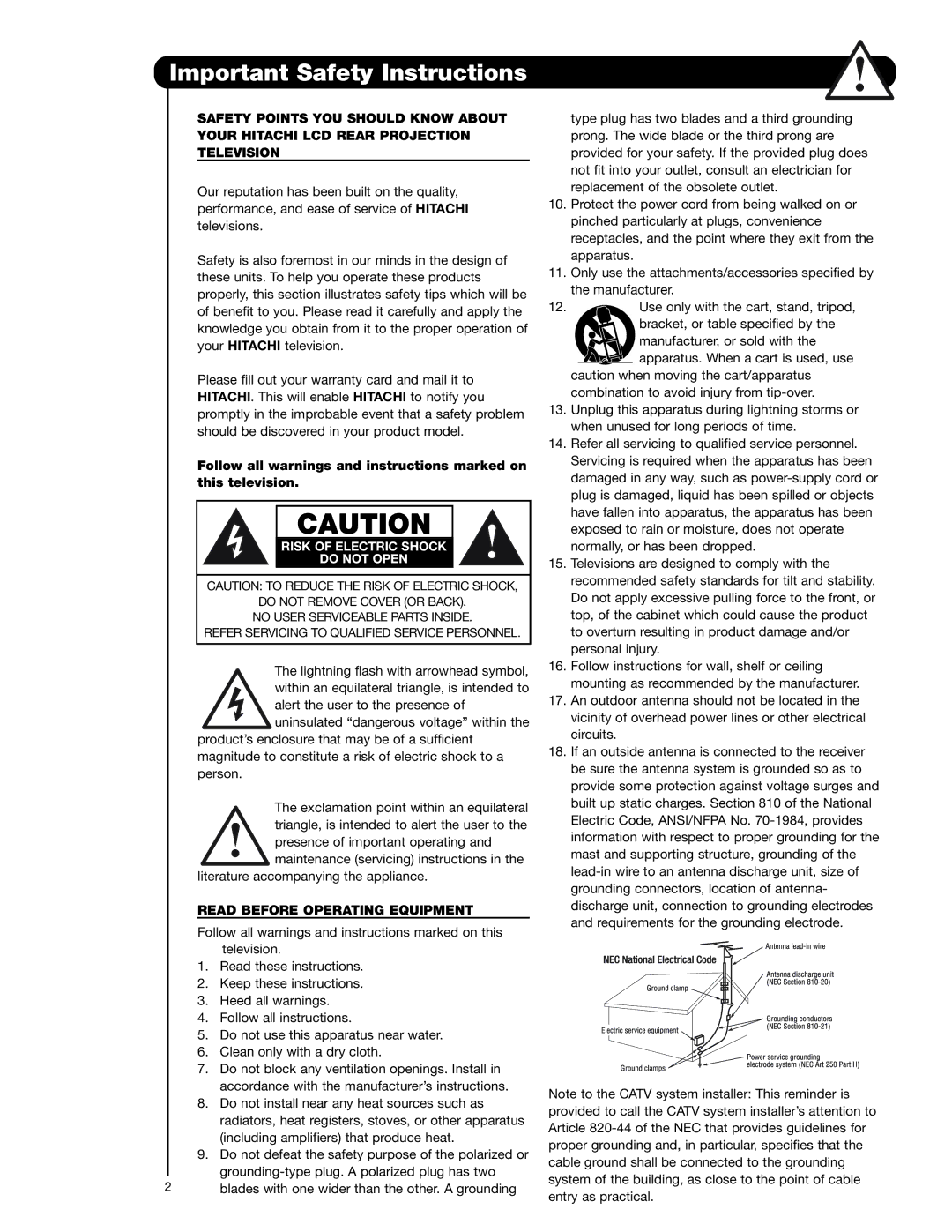 Hitachi 62VS69A, 50VS69A, 55VS69A Important Safety Instructions, Read Before Operating Equipment 