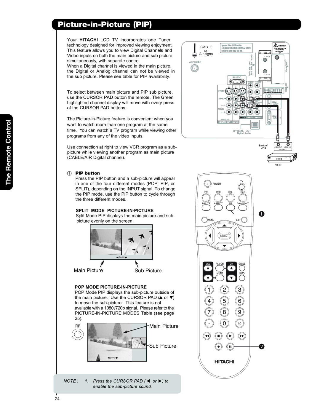 Hitachi 50VS69A, 55VS69A Picture-in-Picture PIP, PIP button, Split Mode PICTURE-IN-PICTURE, POP Mode PICTURE-IN-PICTURE 