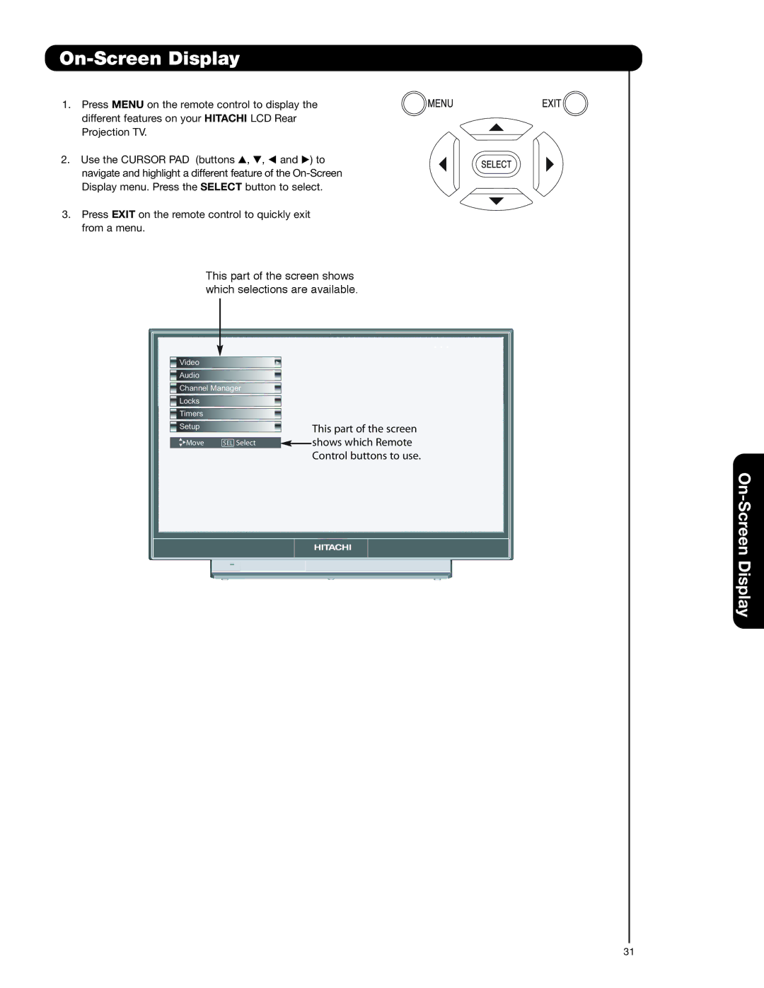 Hitachi 55VS69A, 50VS69A, 62VS69A important safety instructions On-Screen Display 