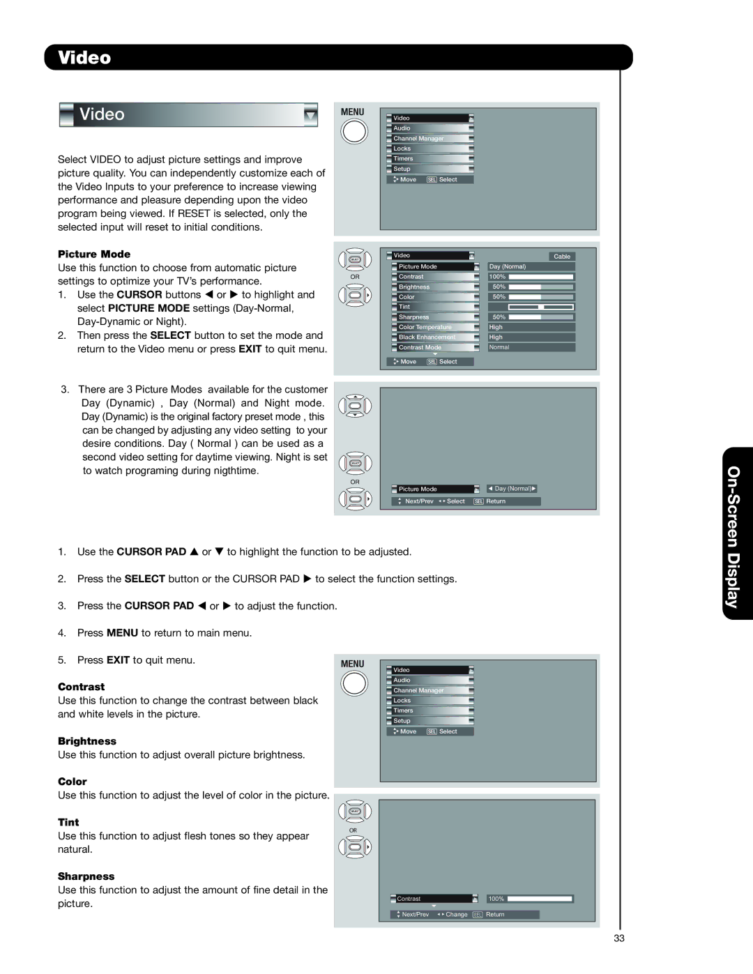 Hitachi 50VS69A, 55VS69A, 62VS69A important safety instructions Video, Screen Display 