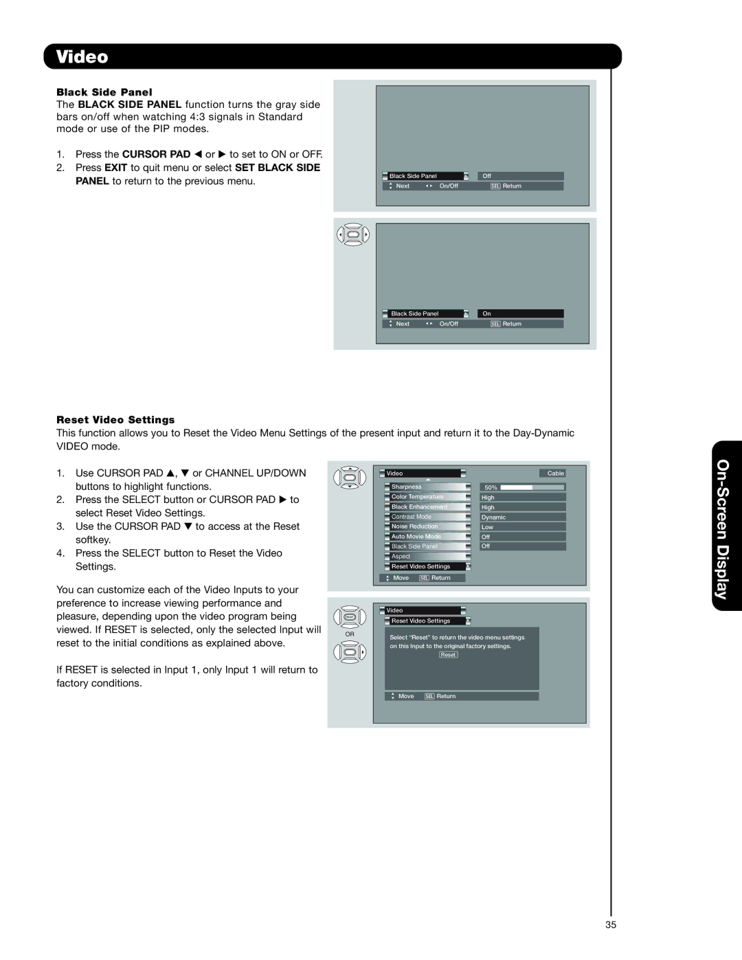 Hitachi 62VS69A, 50VS69A, 55VS69A important safety instructions Black Side Panel, Reset Video Settings 