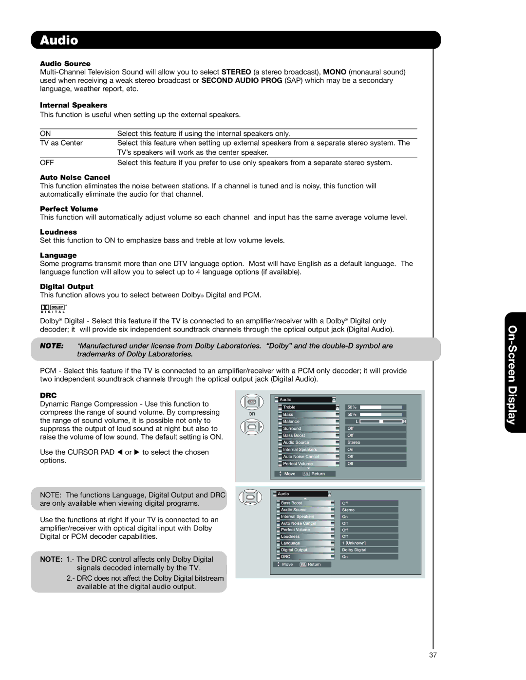 Hitachi 55VS69A, 50VS69A, 62VS69A important safety instructions On-Screen, Display, Drc 