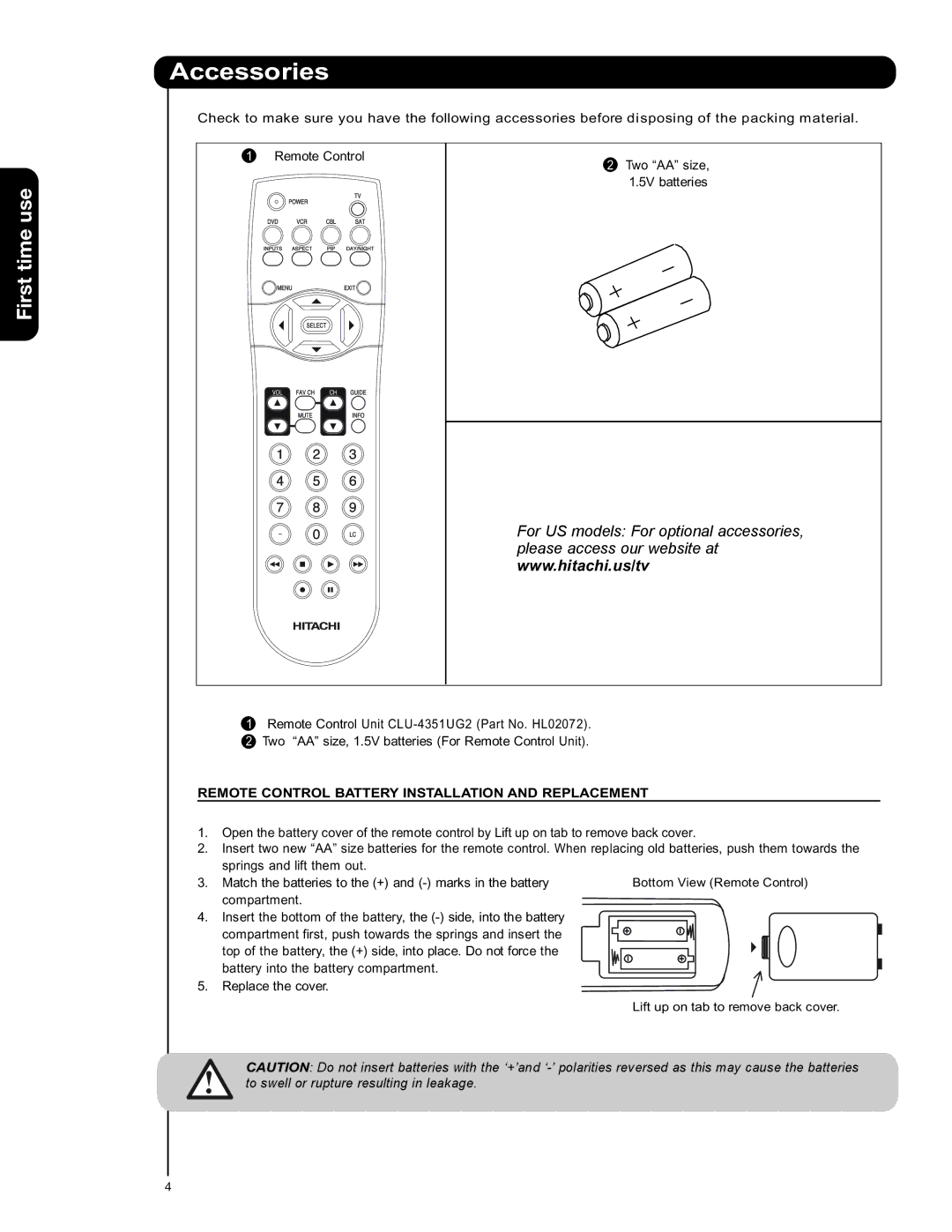 Hitachi 55VS69A, 50VS69A, 62VS69A Accessories, First time use, Remote Control Battery Installation and Replacement 