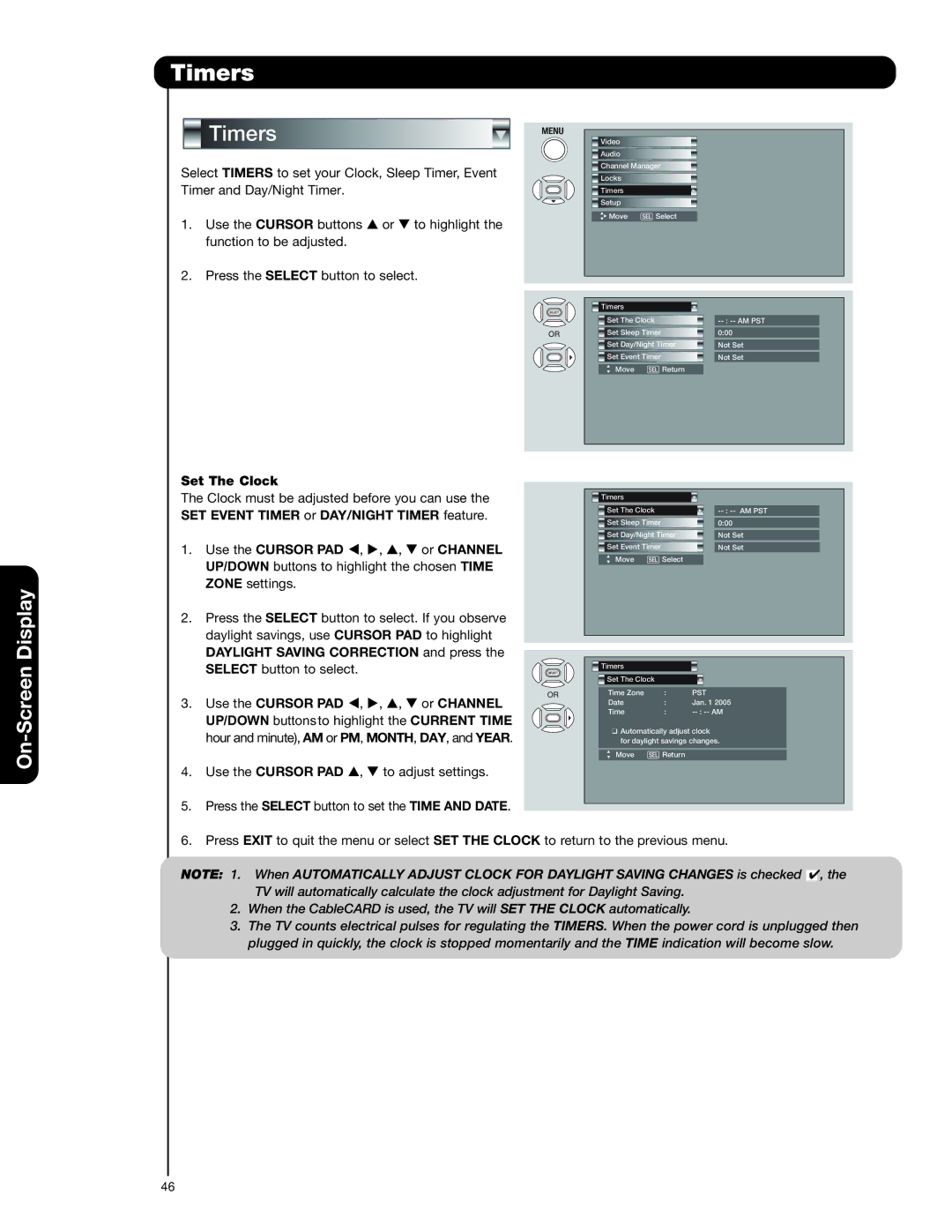 Hitachi 55VS69A, 50VS69A Timers, Set The Clock, Daylight Saving Correction and press, Use the Cursor PAD Or Channel 