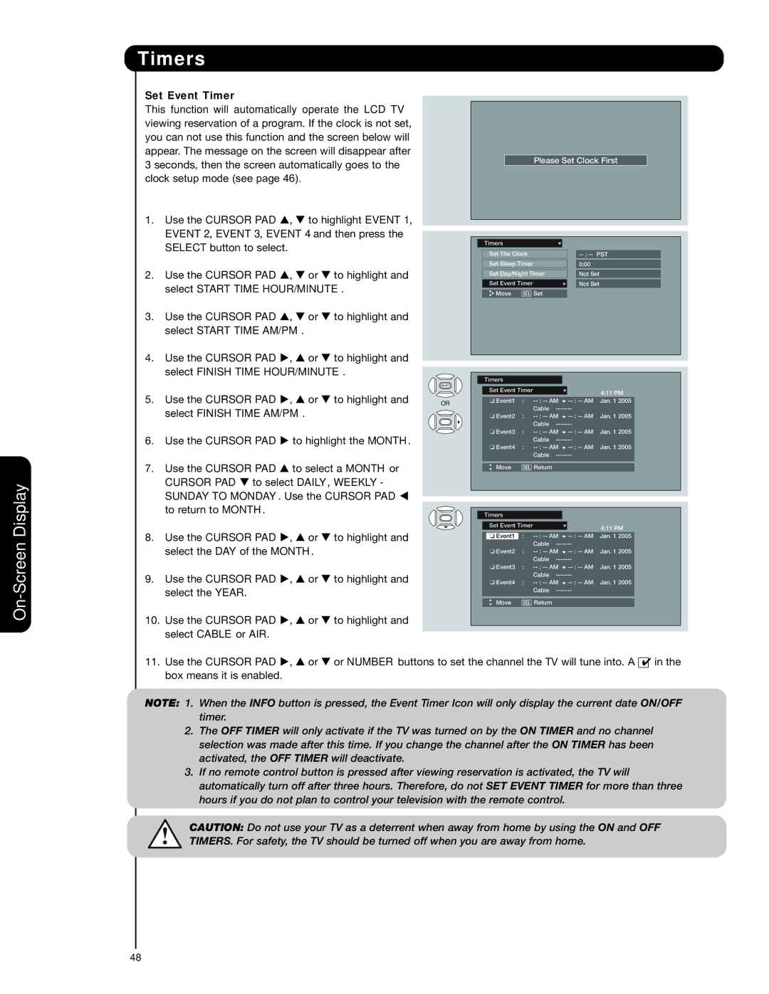 Hitachi 50VS69A, 55VS69A, 62VS69A Set Event Timer, Event 2, Event 3, Event 4 and then press, Select Start Time HOUR/MINUTE 