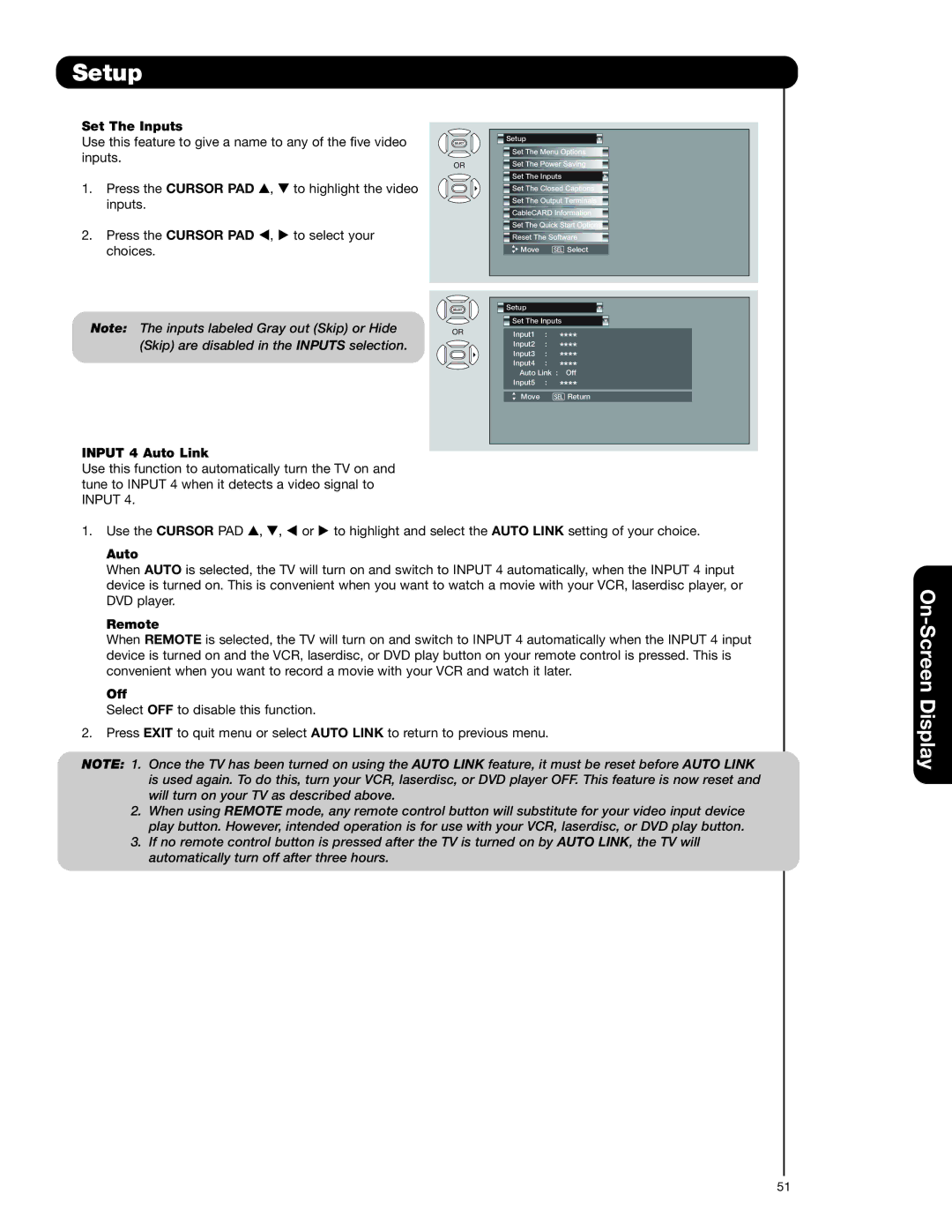 Hitachi 50VS69A, 55VS69A, 62VS69A important safety instructions Set The Inputs, Input 4 Auto Link, Remote, Off 