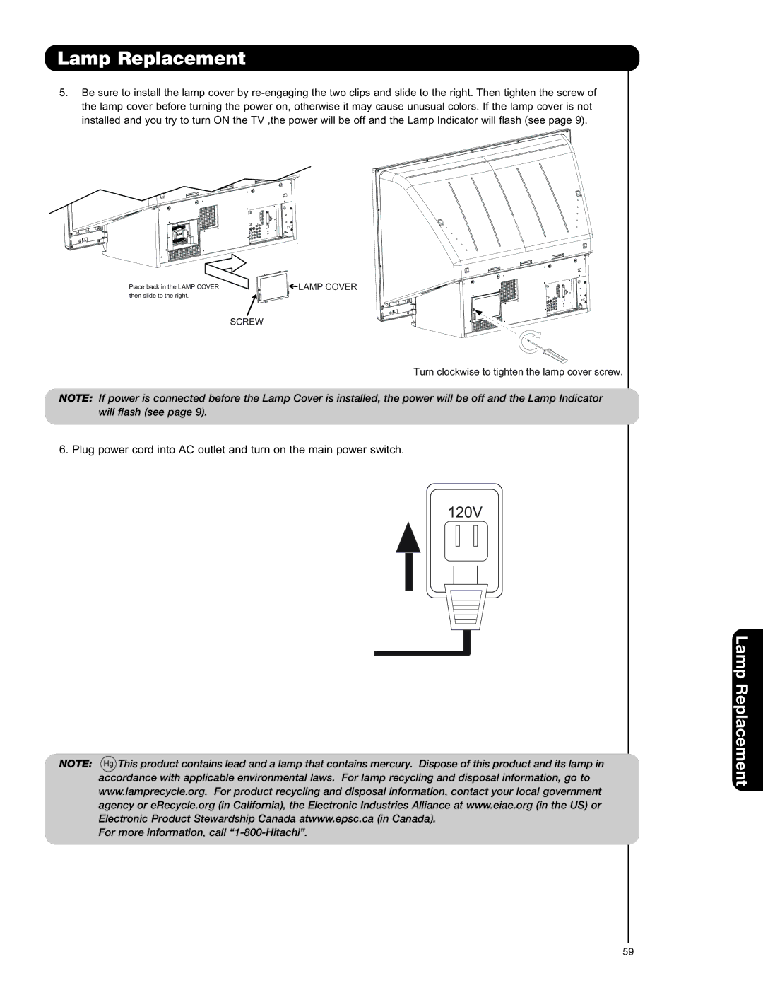 Hitachi 62VS69A, 50VS69A, 55VS69A important safety instructions Turn clockwise to tighten the lamp cover screw 