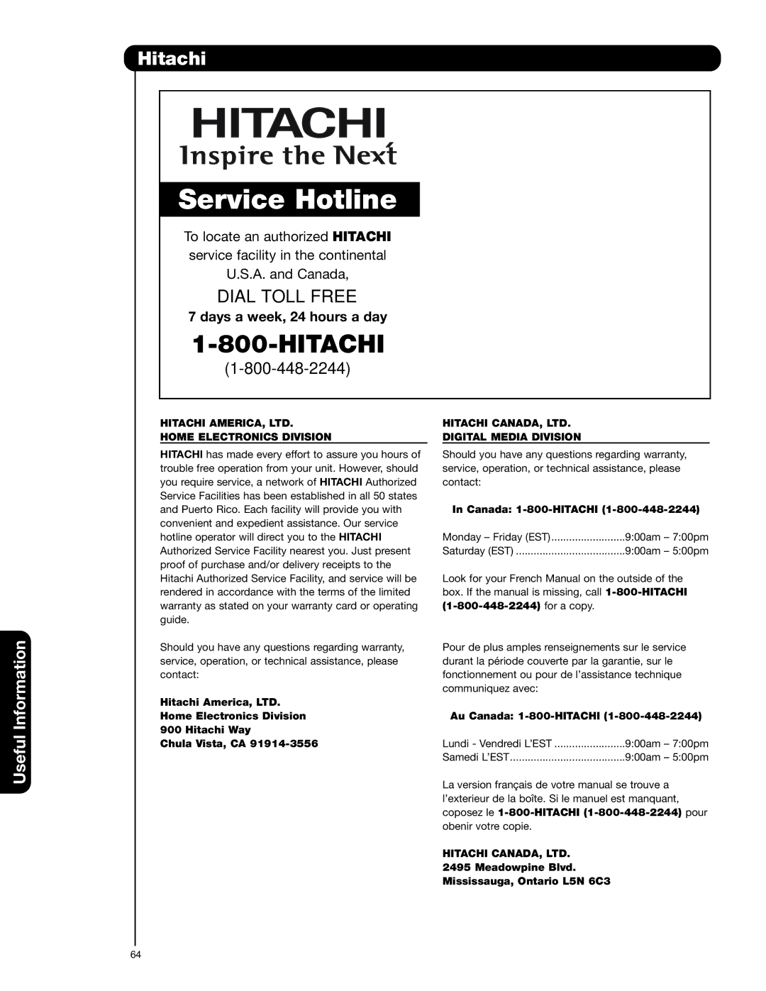 Hitachi 55VS69A, 50VS69A, 62VS69A Hitachi, Useful, Home Electronics Division, Digital Media Division 