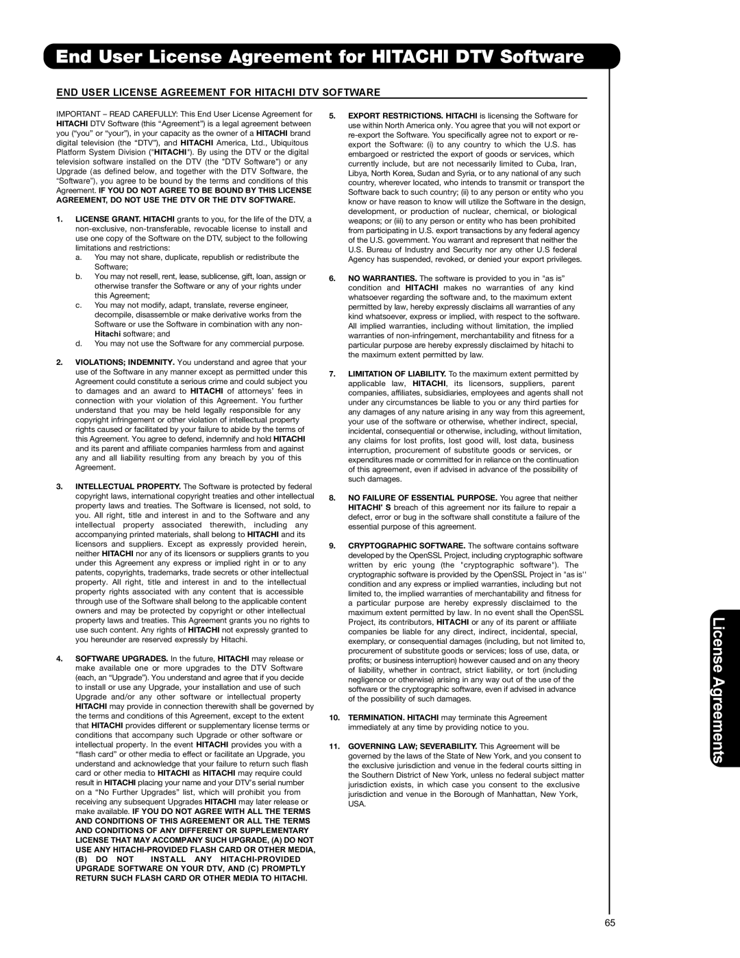 Hitachi 62VS69A, 50VS69A, 55VS69A End User License Agreement for Hitachi DTV Software, License Agreements 