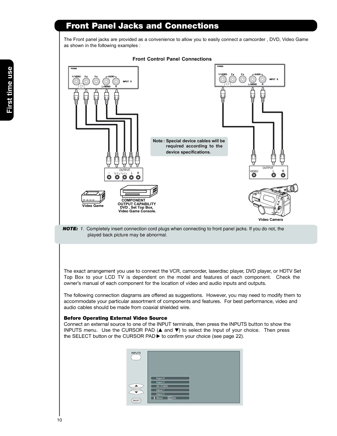 Hitachi 50VS69A 55VS69A important safety instructions Front Panel Jacks and Connections, Front Control Panel Connections 