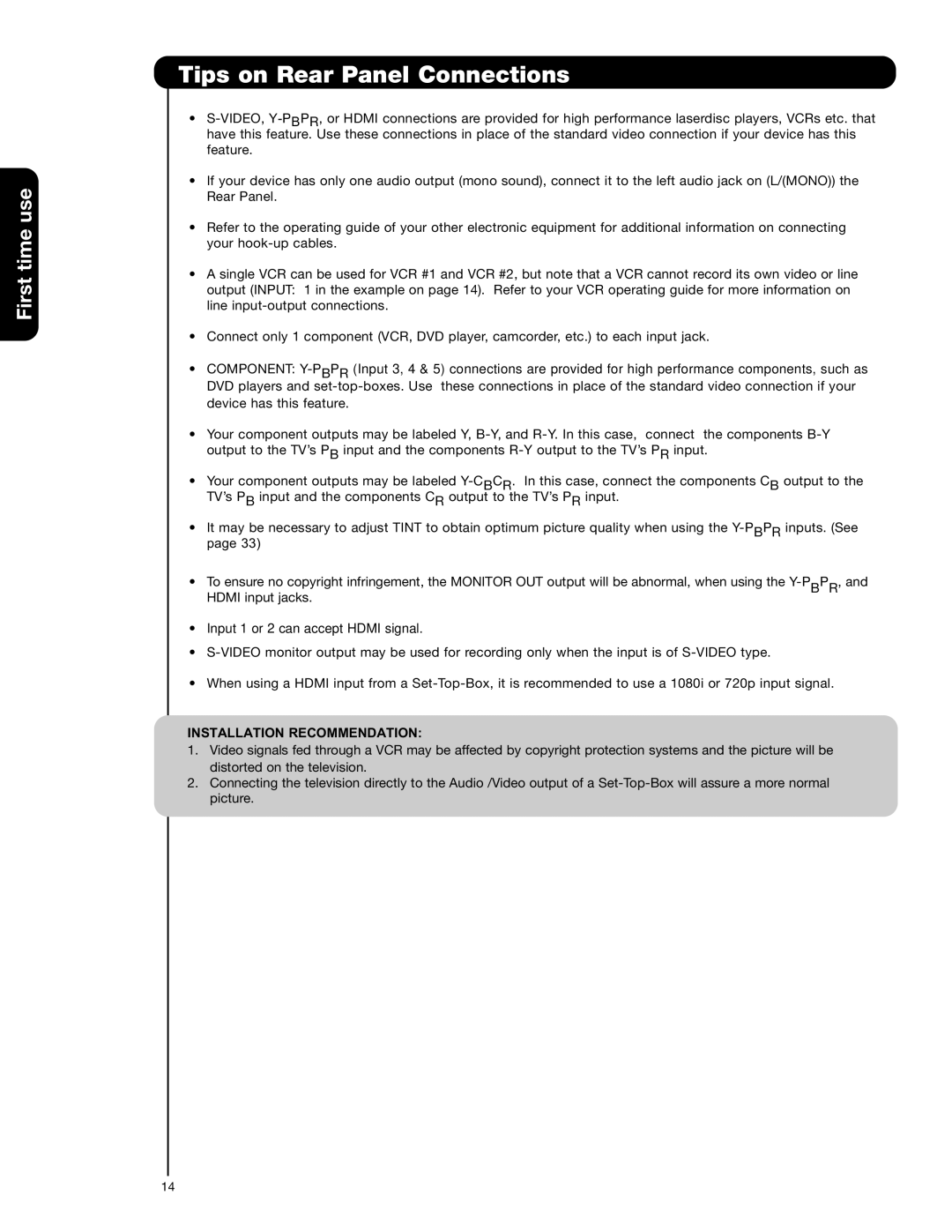 Hitachi 50VS69A 55VS69A important safety instructions Tips on Rear Panel Connections, Installation Recommendation 