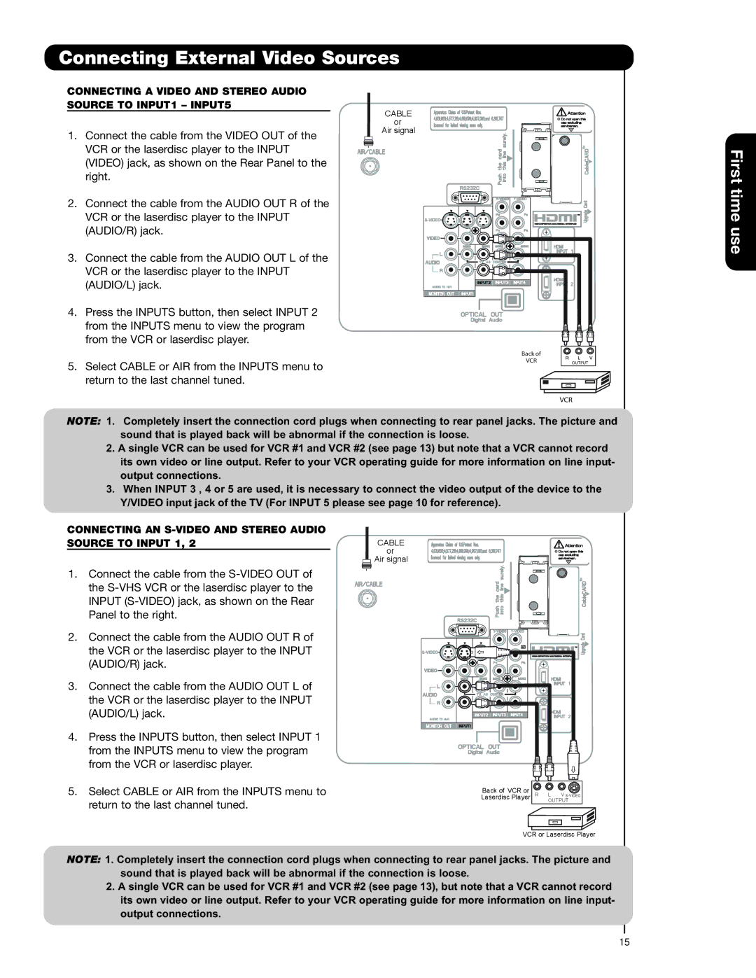 Hitachi 50VS69A 55VS69A Connecting External Video Sources, Connecting a Video and Stereo Audio Source to INPUT1 INPUT5 