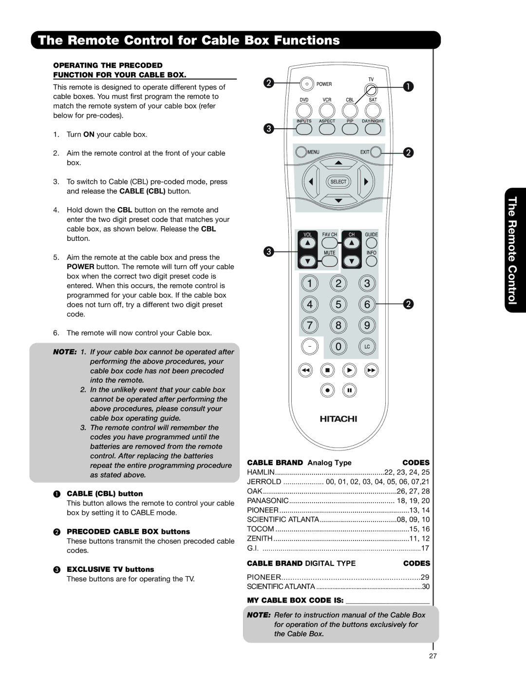 Hitachi 50VS69A 55VS69A Remote Control for Cable Box Functions, Operating the Precoded Function for Your Cable BOX, Codes 